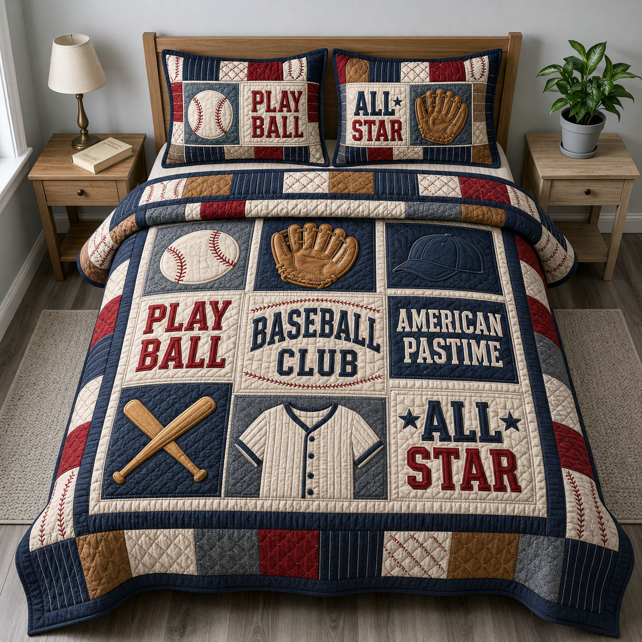 American Pastime Baseball Club 3-Piece Quilted Bedding Set GFTOHNL1509