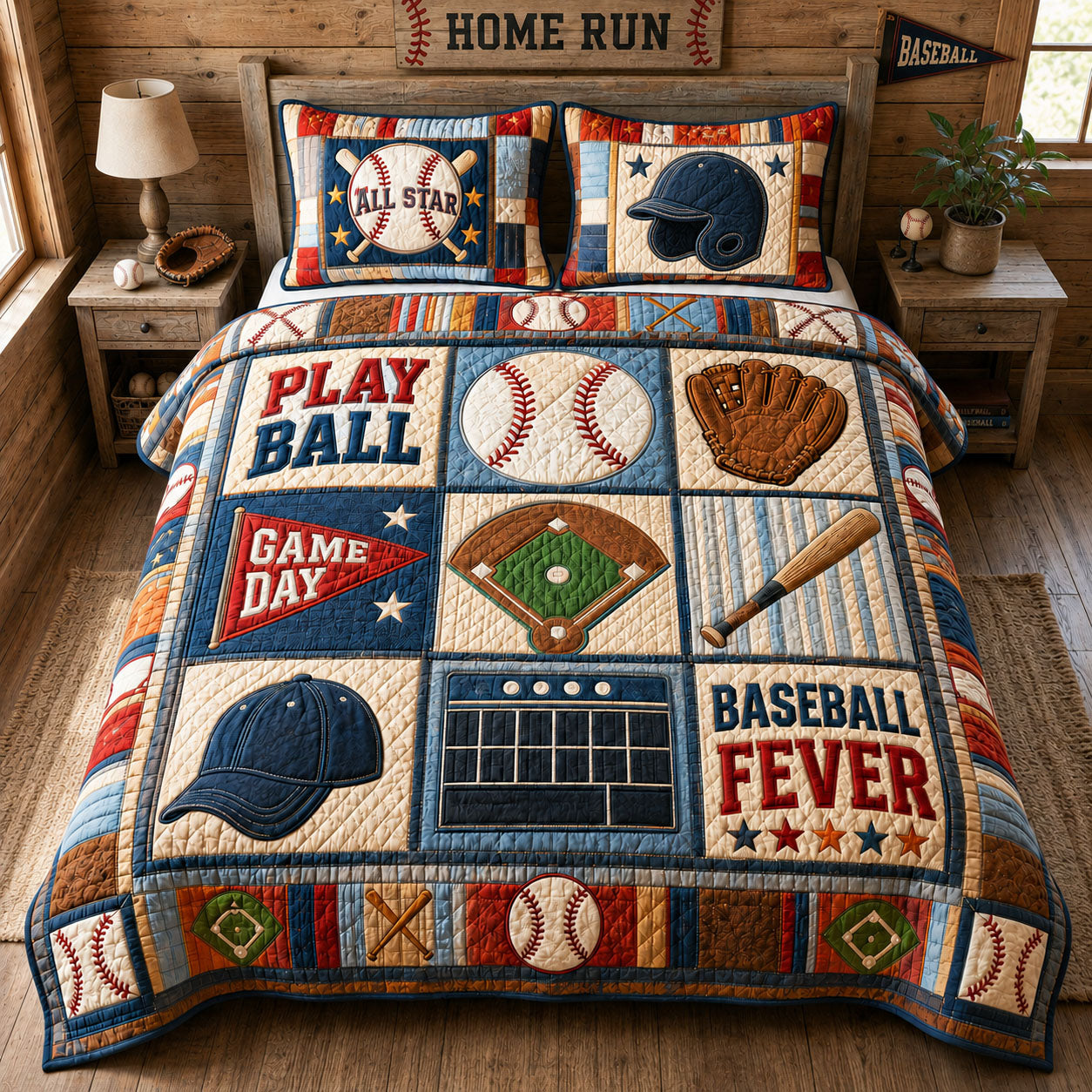Baseball Home Run Fever 3-Piece Quilted Bedding Set GFTOHNL1510
