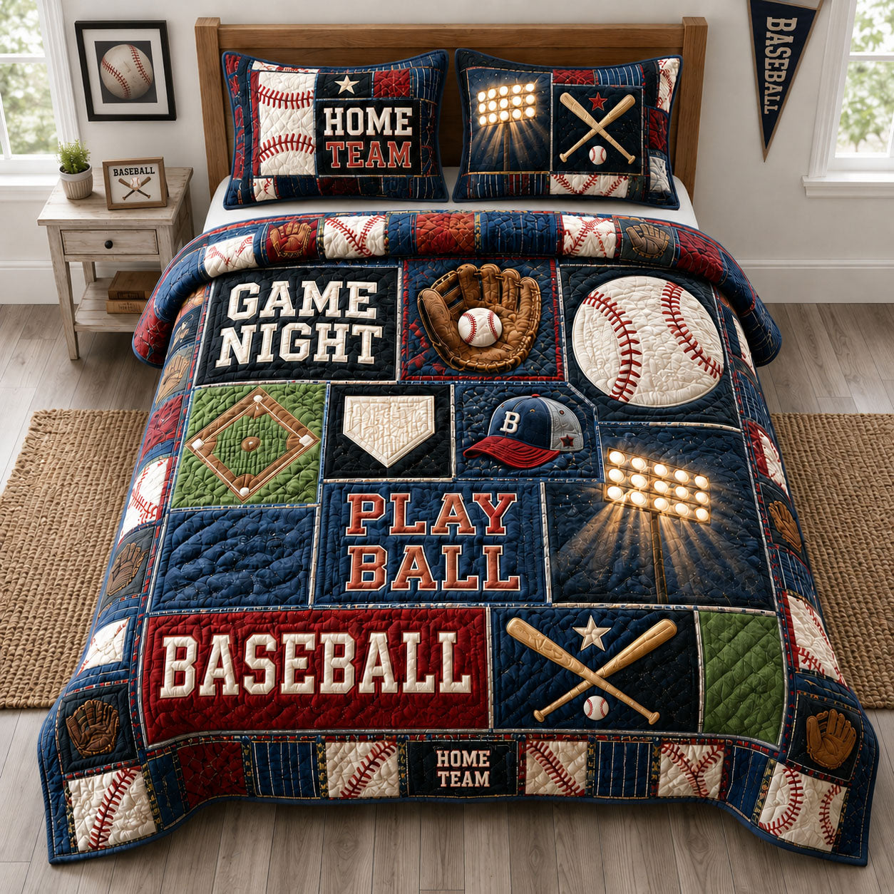 Stadium Night Baseball 3-Piece Quilted Bedding Set GFTOHNL1511