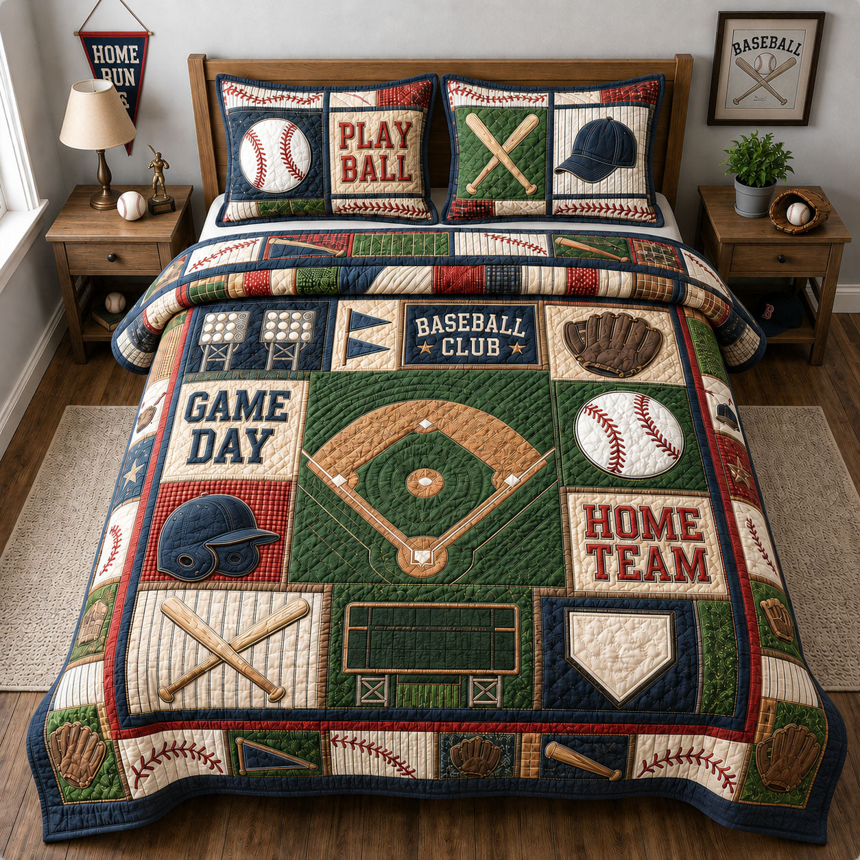 Baseball Home Team Classic 3-Piece Quilted Bedding Set GFTOHNL1512