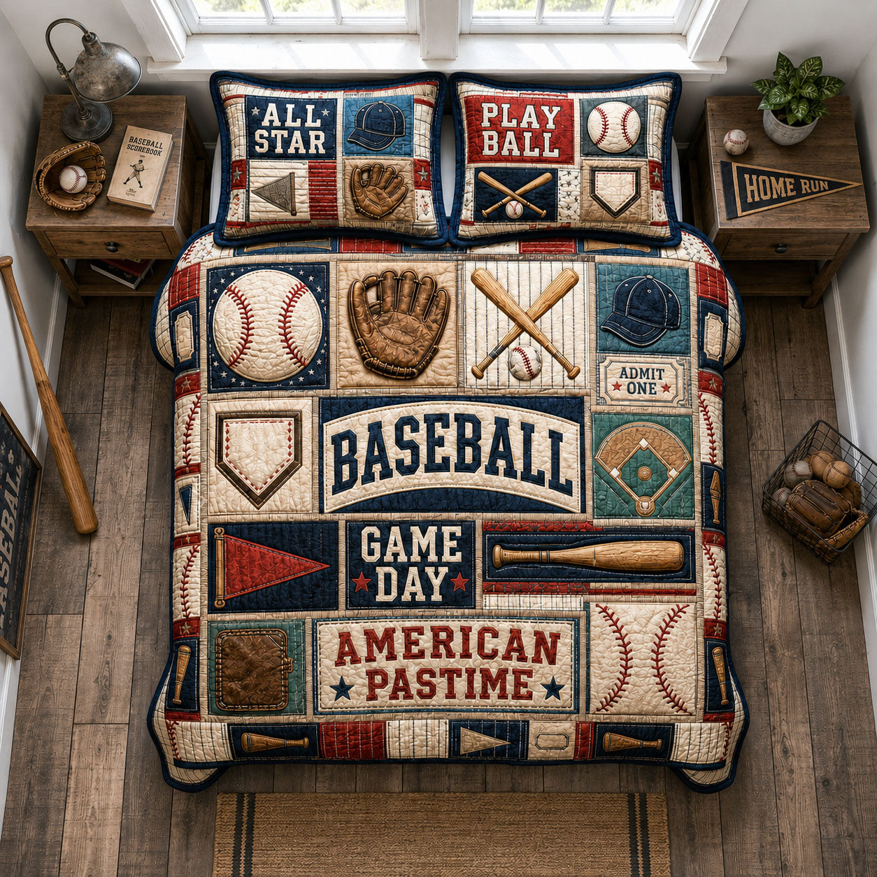 Vintage Baseball Pride 3-Piece Quilted Bedding Set GFTOHNL1513