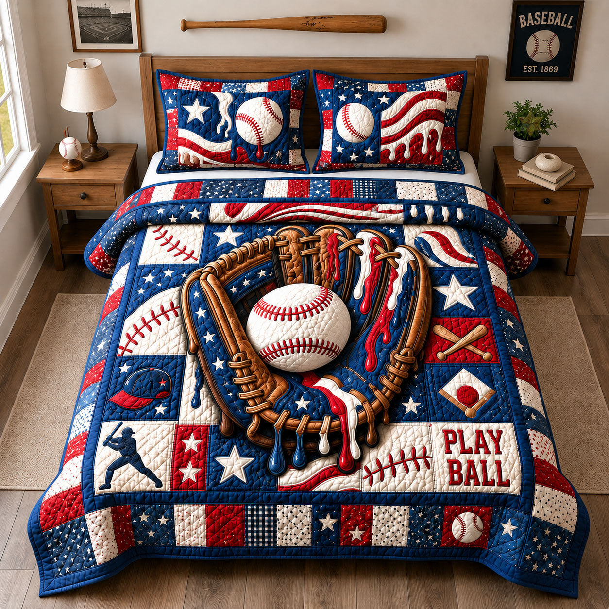 Patriotic Baseball Play Ball 3-Piece Quilted Bedding Set GFTOHNL1556