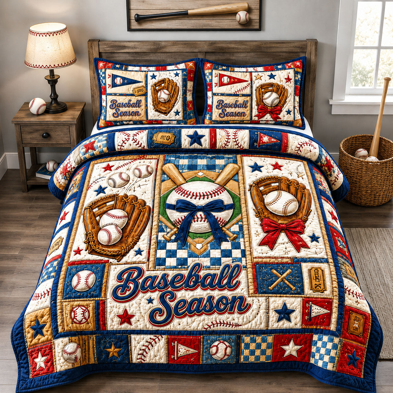 Baseball Season Patchwork 3-Piece Quilted Bedding Set GFTOHNL1557