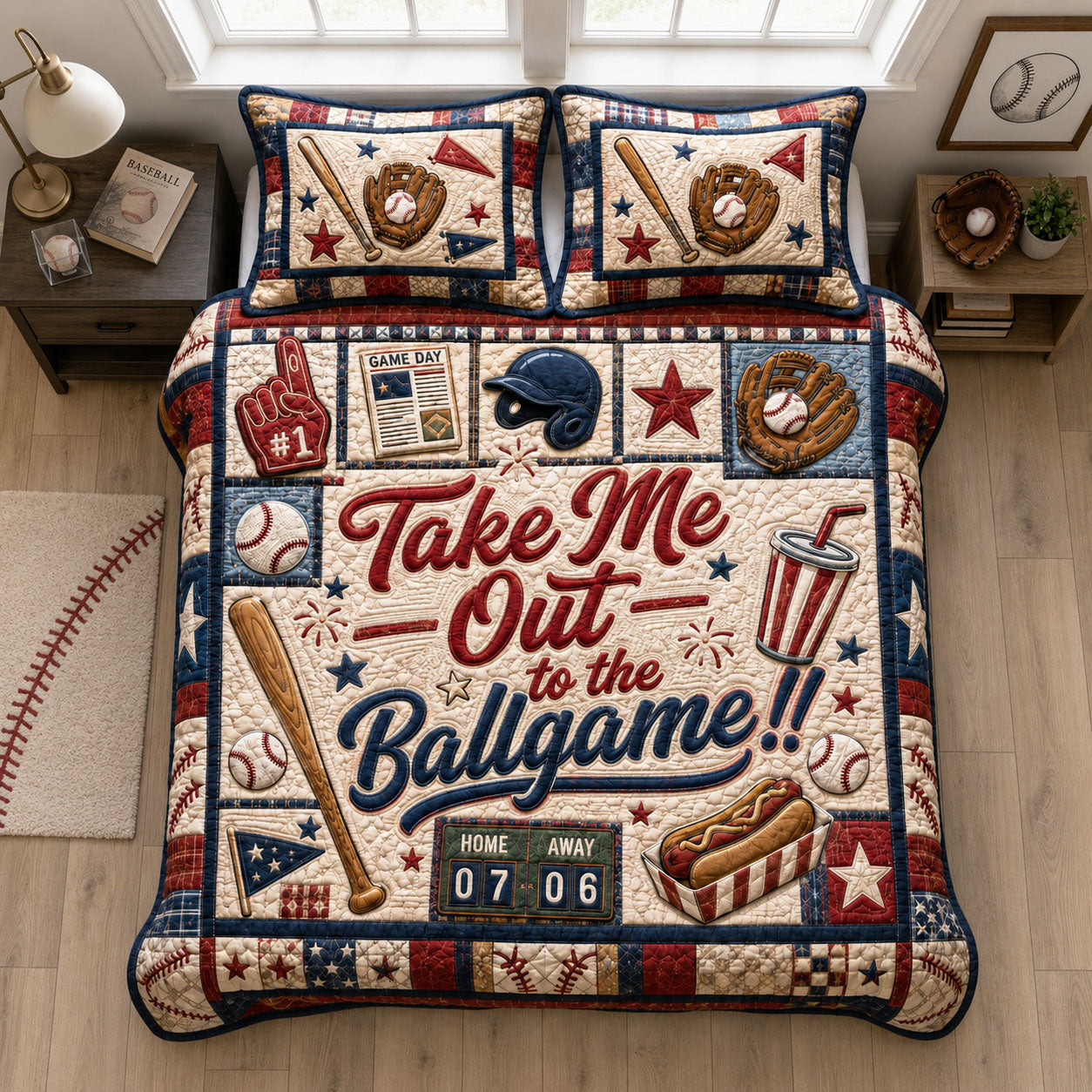 Take Me Out To The Ballgame 3-Piece Quilted Bedding Set GFTOHNL1558