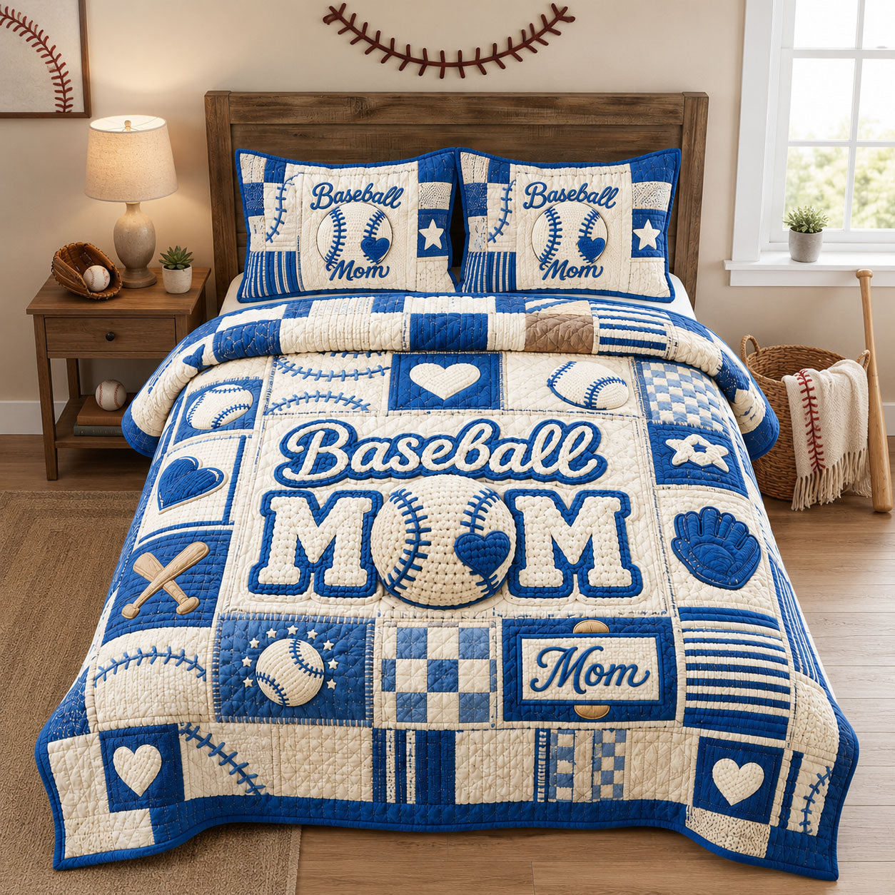 Baseball Mom Patchwork 3-Piece Quilted Bedding Set GFTOHNL1560