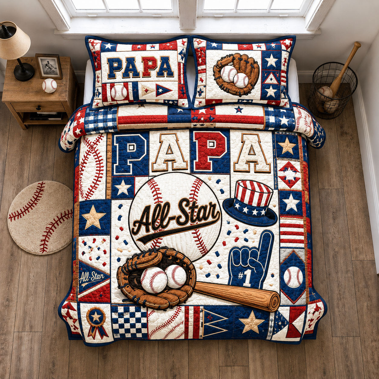 Papa All Star Baseball 3-Piece Quilted Bedding Set GFTOHNL1561