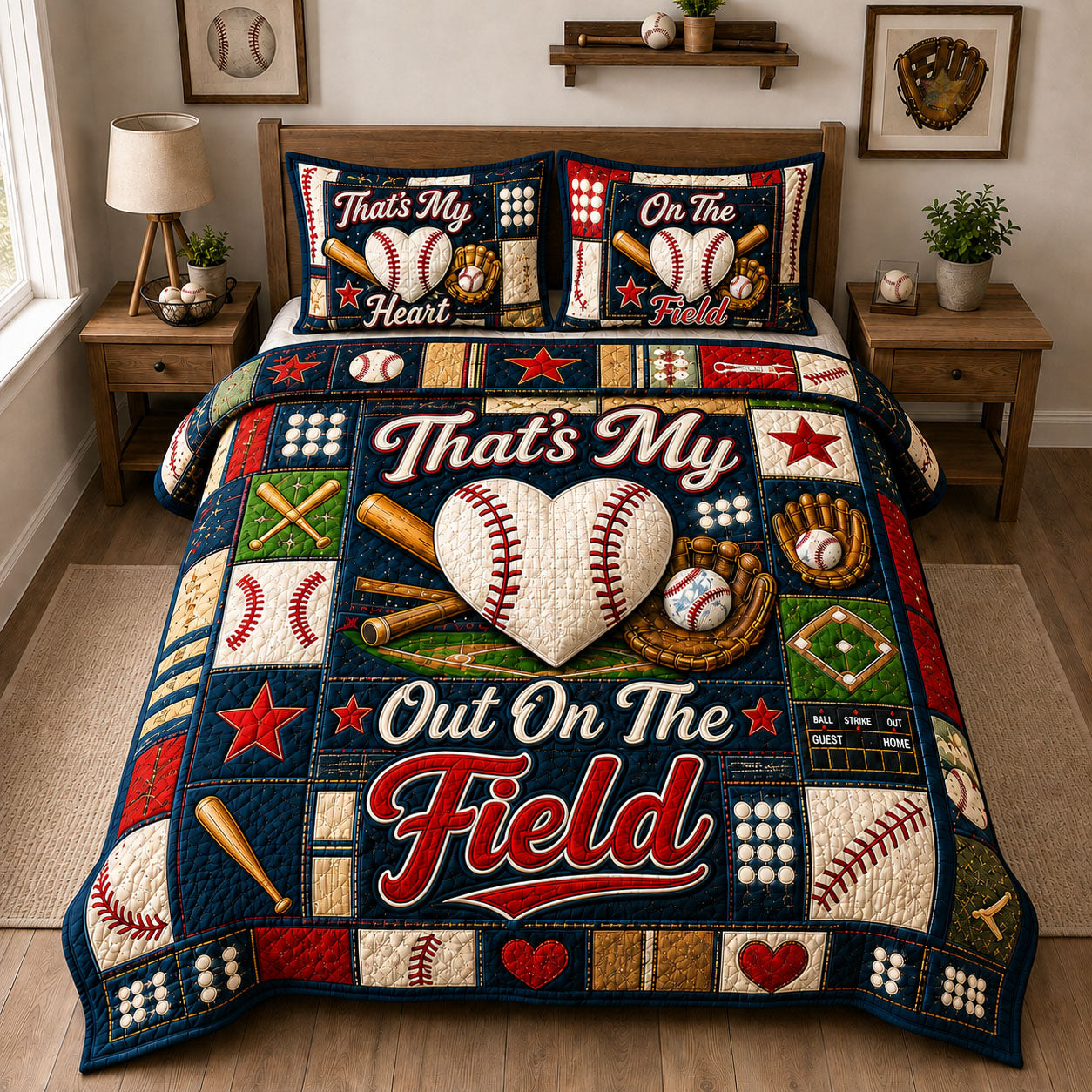 Heart On The Field Baseball 3-Piece Quilted Bedding Set GFTOHNL1562