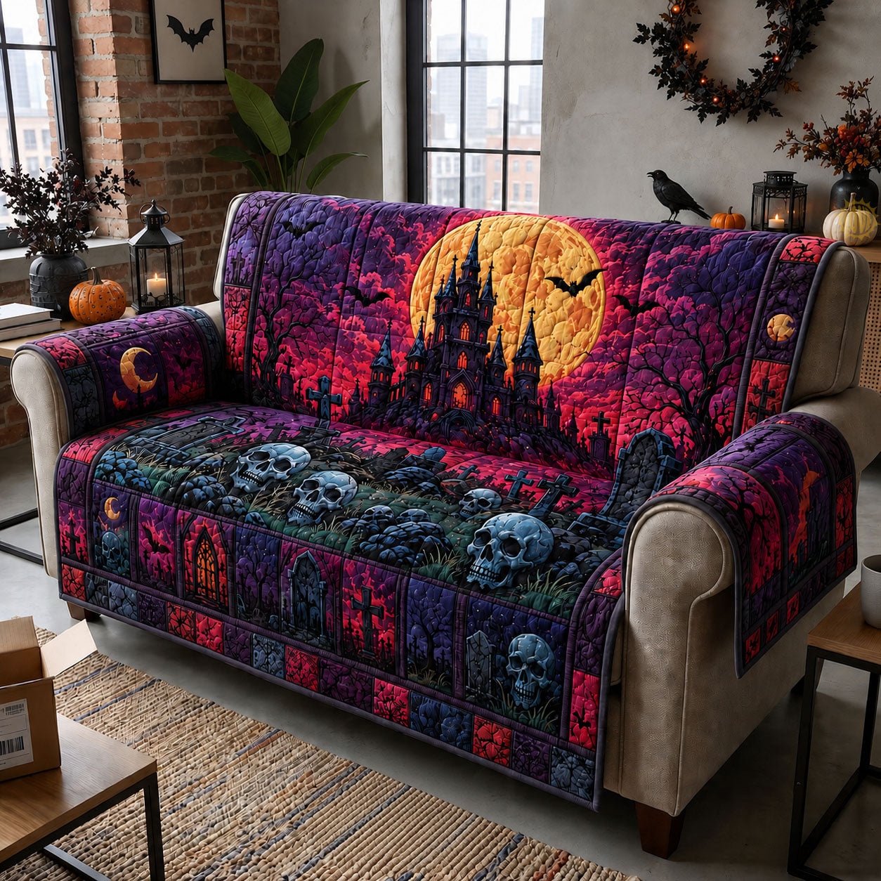 Haunted Castle Graveyard Quilted Sofa Cover GFTOHNL1633