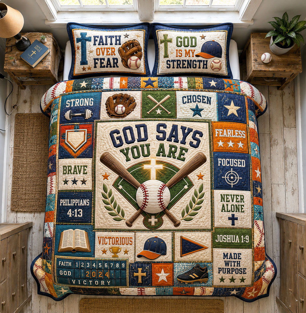 God Says You Are Chosen Baseball Christian 3-Piece Quilted Bedding Set GFTOHNL1641