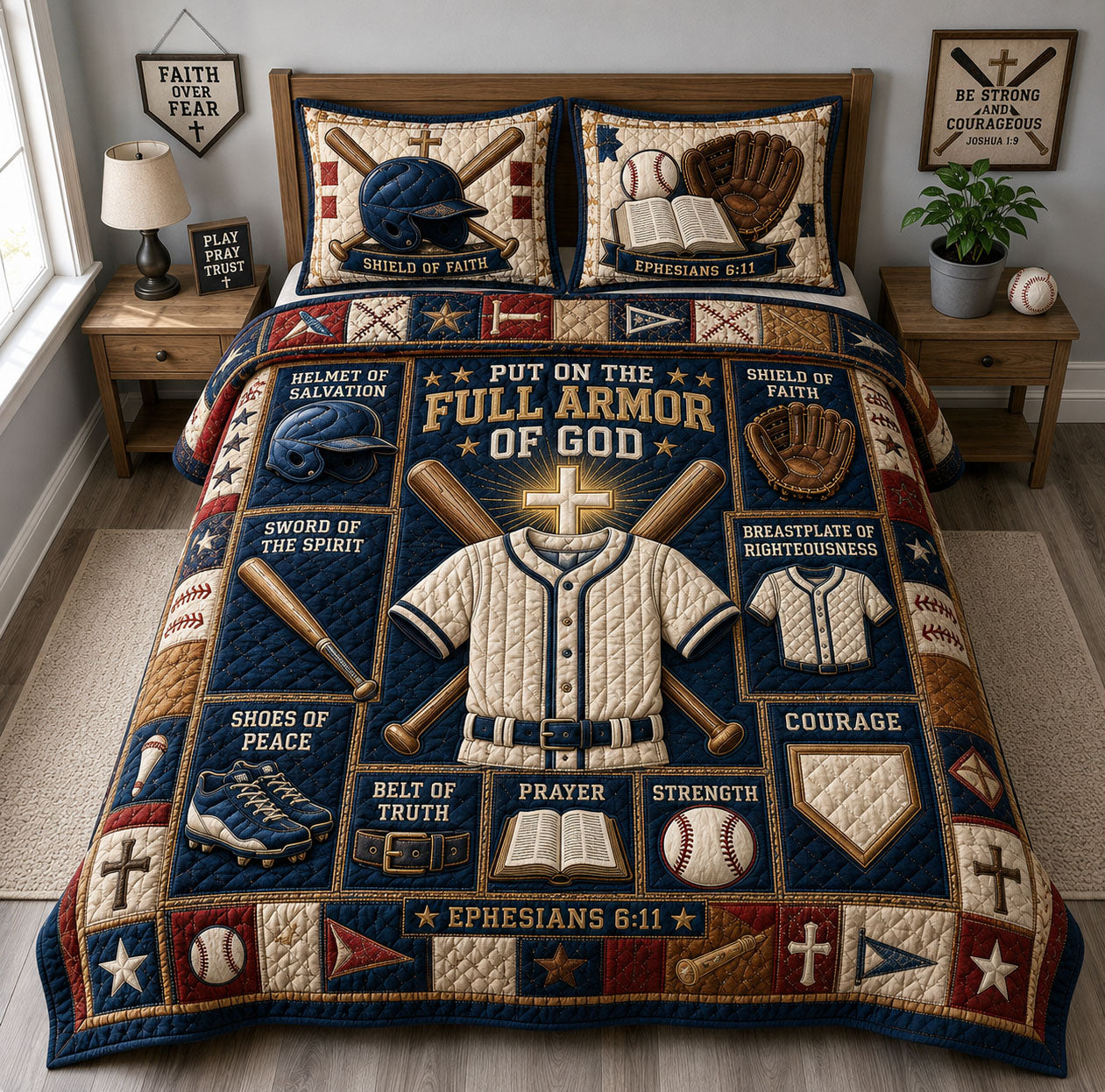 Full Armor Of God Baseball Christian 3-Piece Quilted Bedding Set GFTOHNL1643