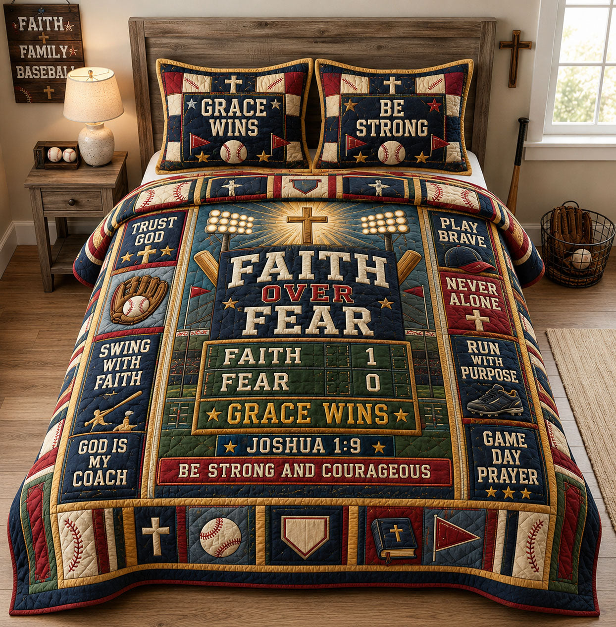 Faith Over Fear Grace Wins Baseball Christian 3-Piece Quilted Bedding Set GFTOHNL1644