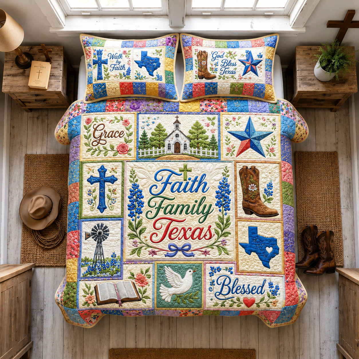 Faith Family Texas Floral Patchwork 3-Piece Quilted Bedding Set GFTOHNL1649
