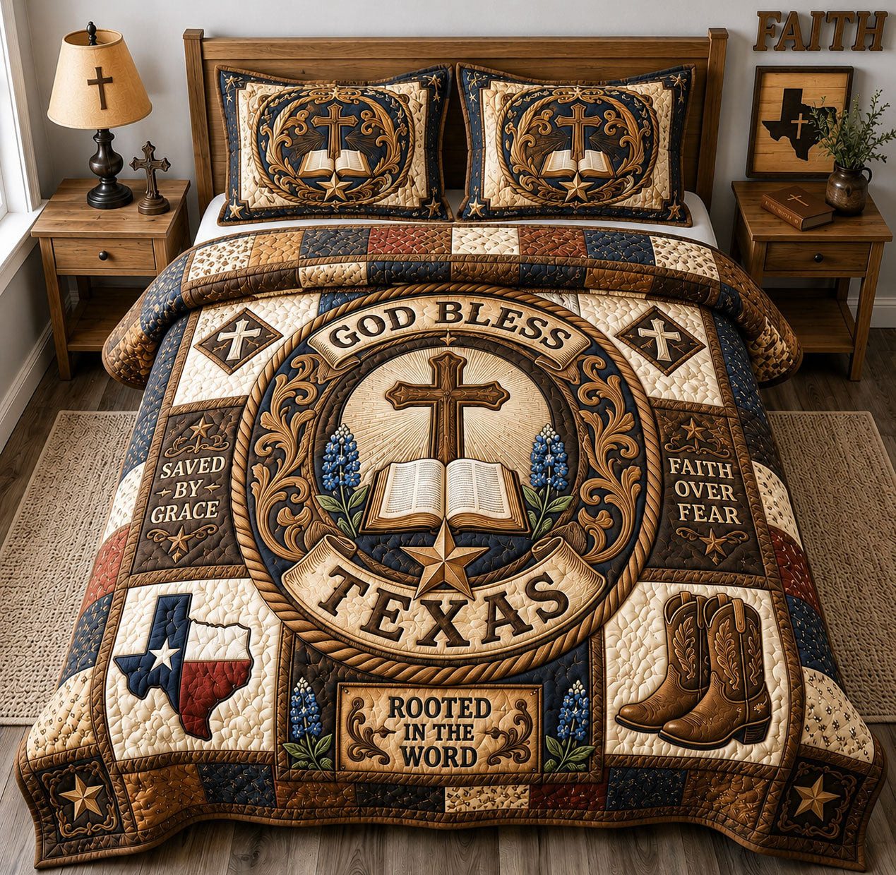 God Bless Texas Rustic Cross 3-Piece Quilted Bedding Set GFTOHNL1650