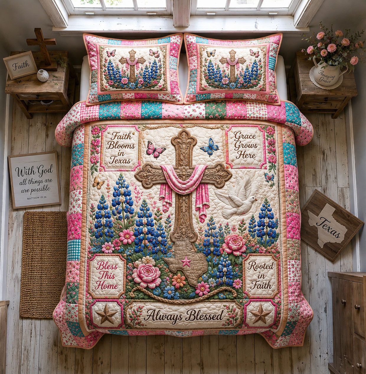 Faith Blooms In Texas Floral Cross 3-Piece Quilted Bedding Set GFTOHNL1651