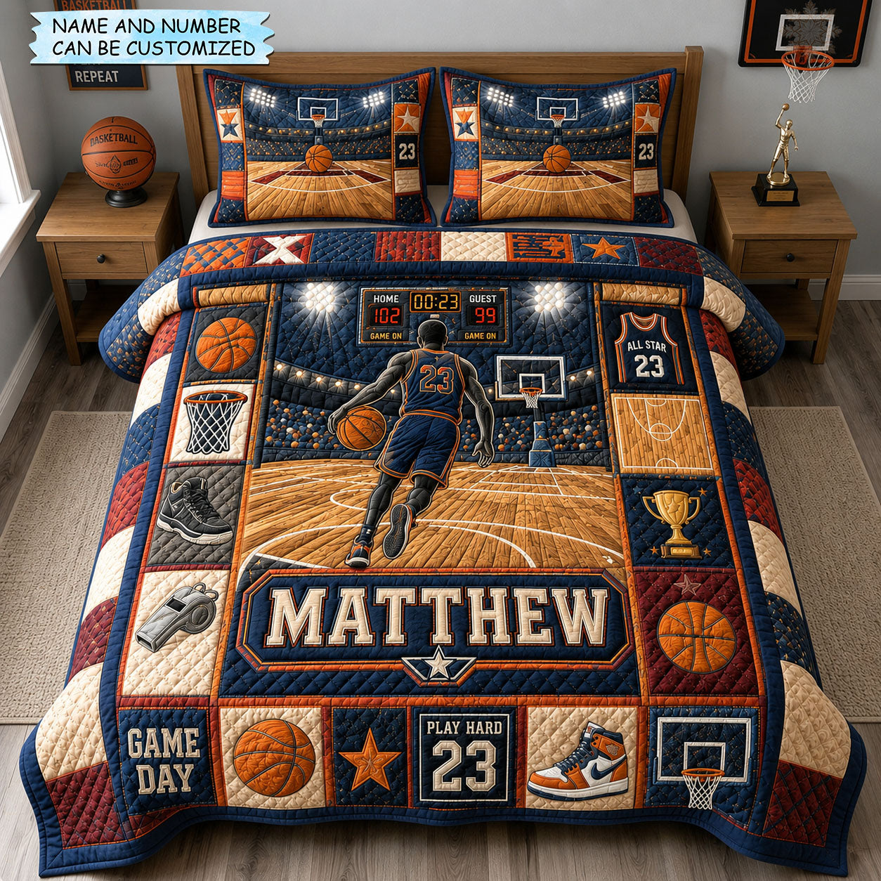 Personalized Basketball Player Championship 3-Piece Quilted Bedding Set QTCUZ GFTOHNL1674