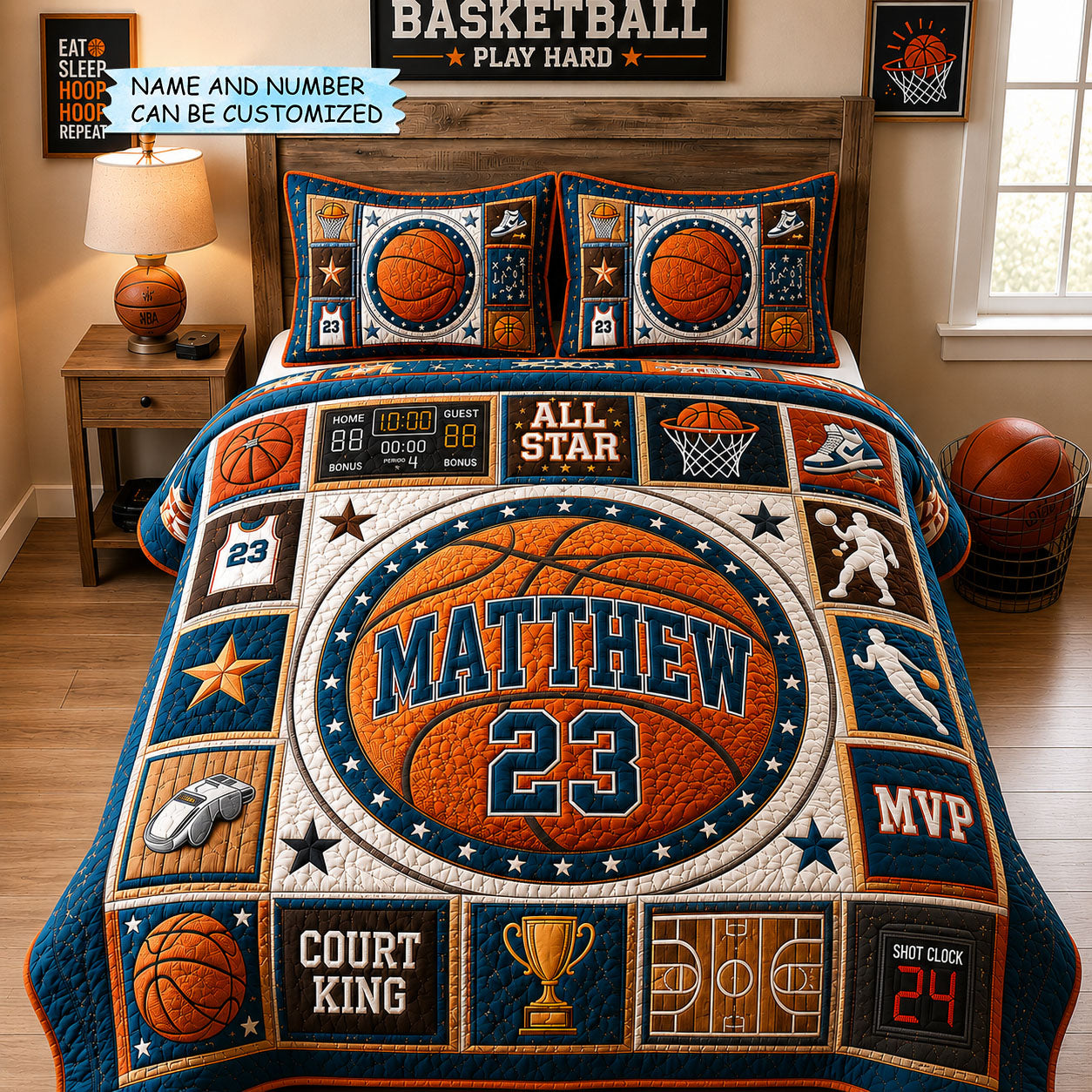 Personalized Basketball All Star MVP 3-Piece Quilted Bedding Set QTCUZ GFTOHNL1675