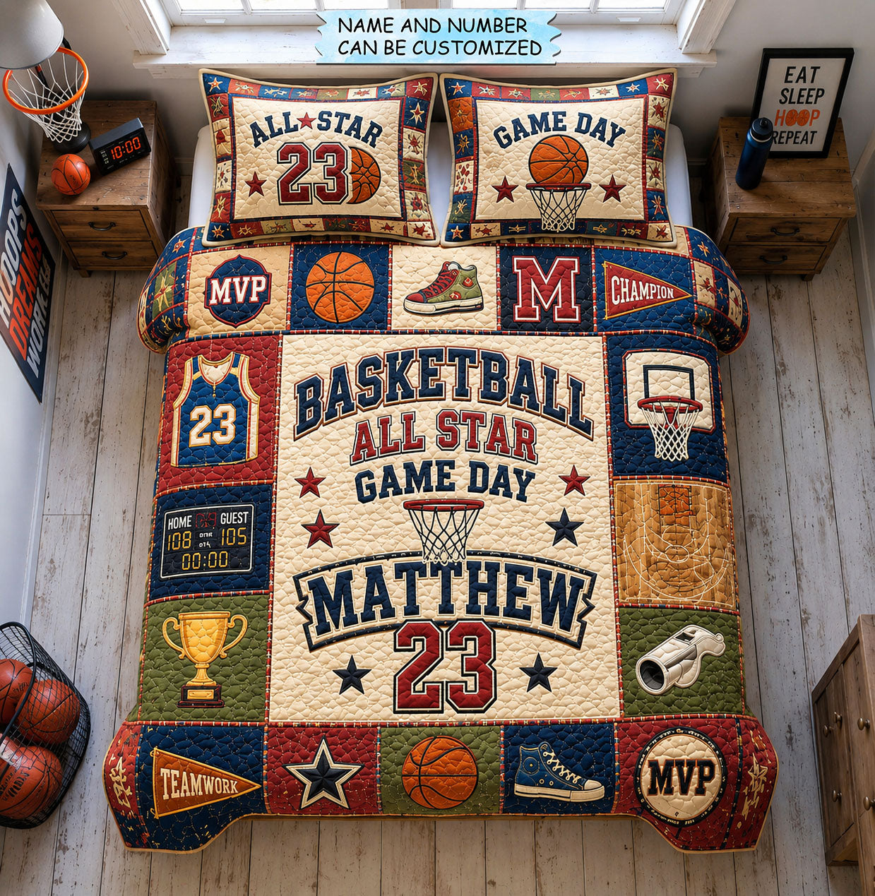 Personalized Basketball All Star Game Day 3-Piece Quilted Bedding Set QTCUZ GFTOHNL1679