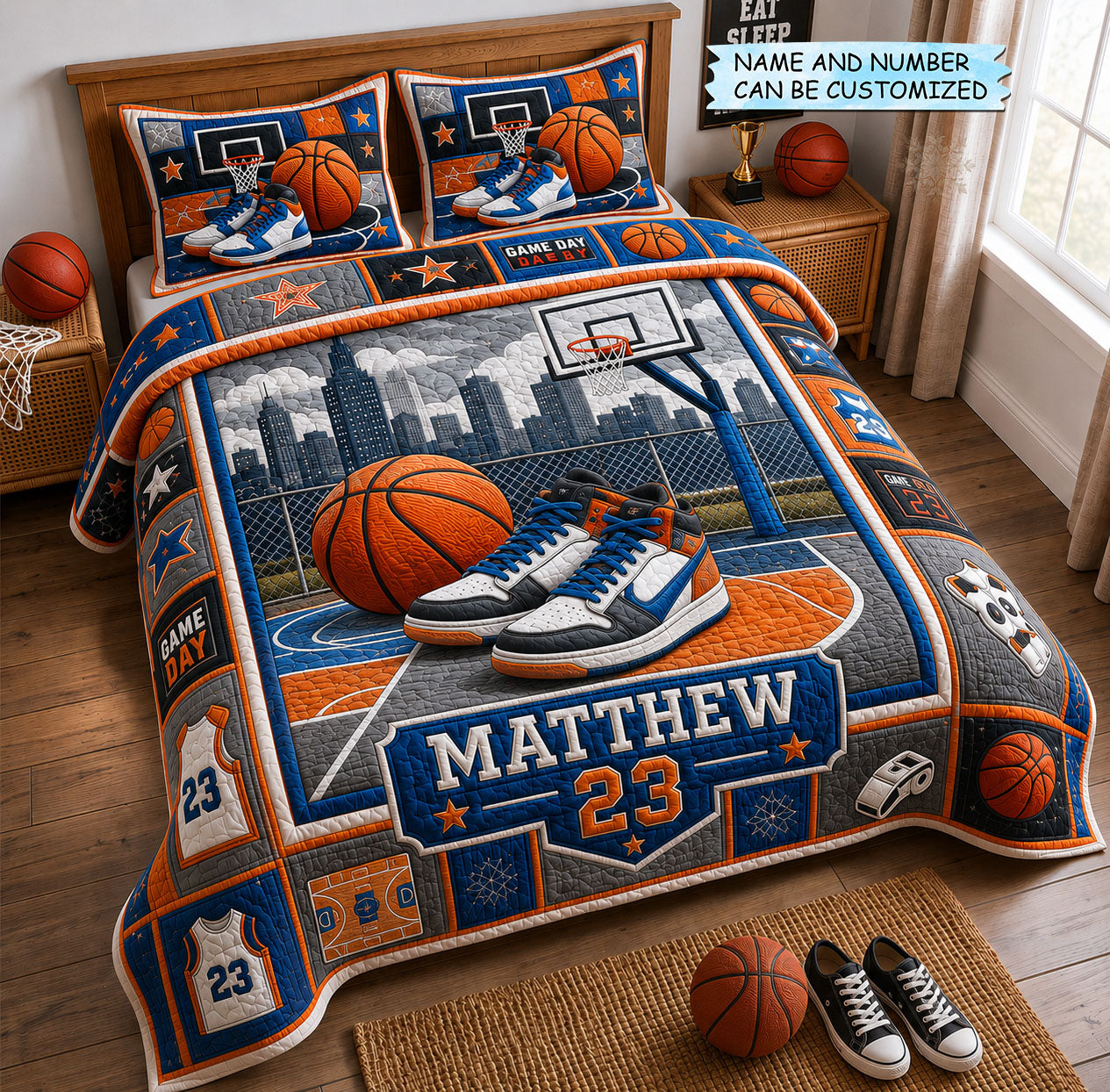 Personalized Basketball Court Sneakers 3-Piece Quilted Bedding Set QTCUZ GFTOHNL1680