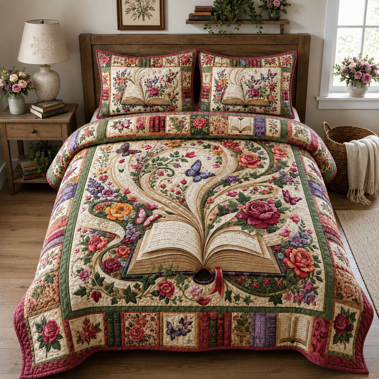 Enchanted Floral Book 3-Piece Quilted Bedding Set GFTOHNL1687