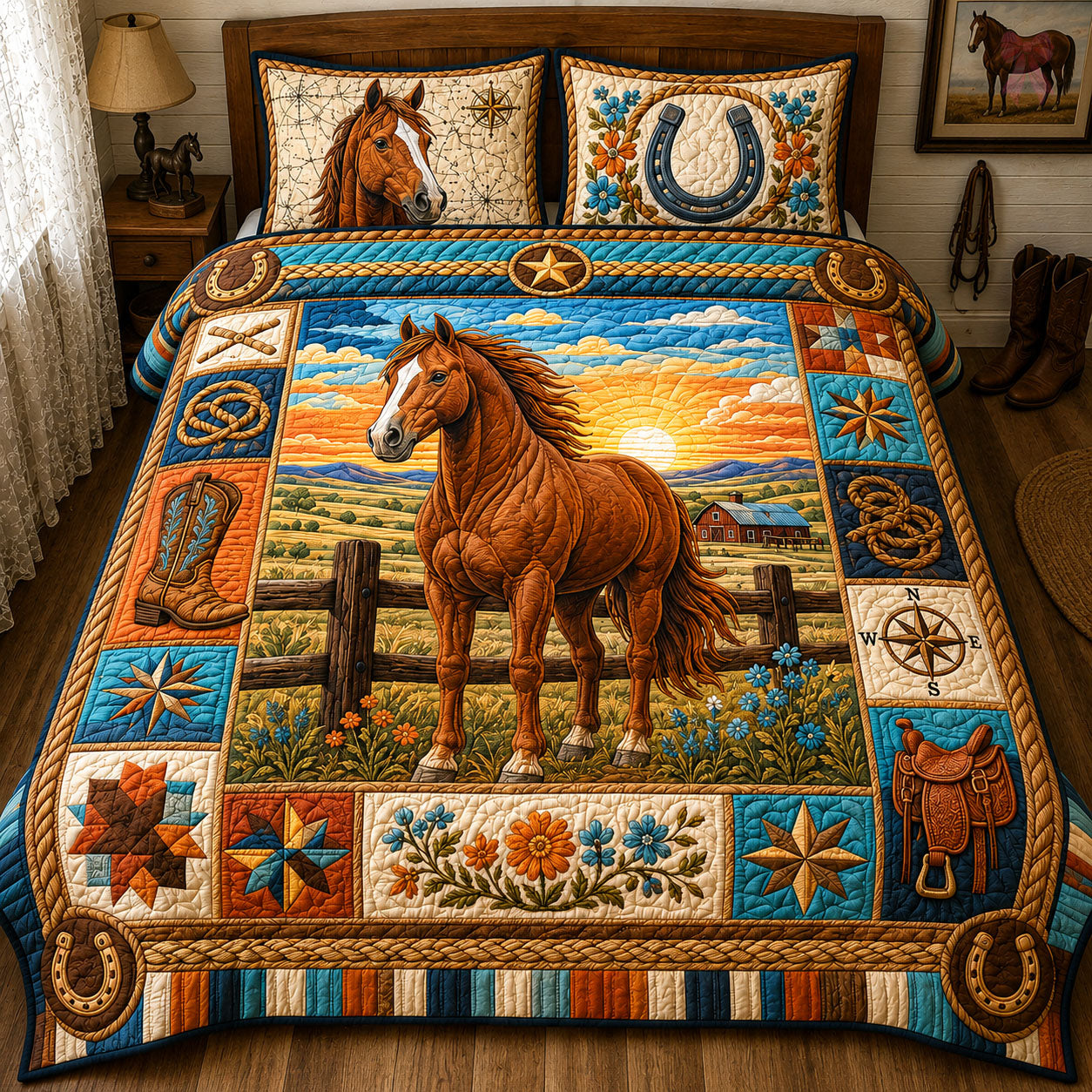 Golden Prairie Stallion 3-Piece Quilted Bedding Set GFTOHNL1715