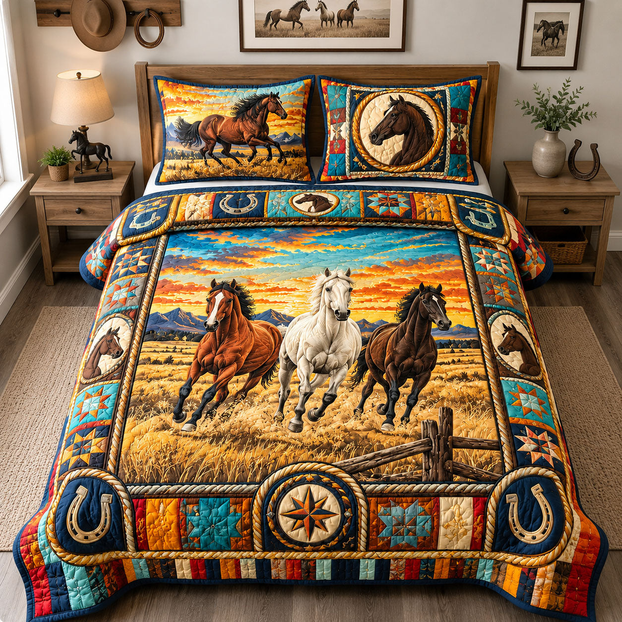 Sunset Running Horses 3-Piece Quilted Bedding Set GFTOHNL1717