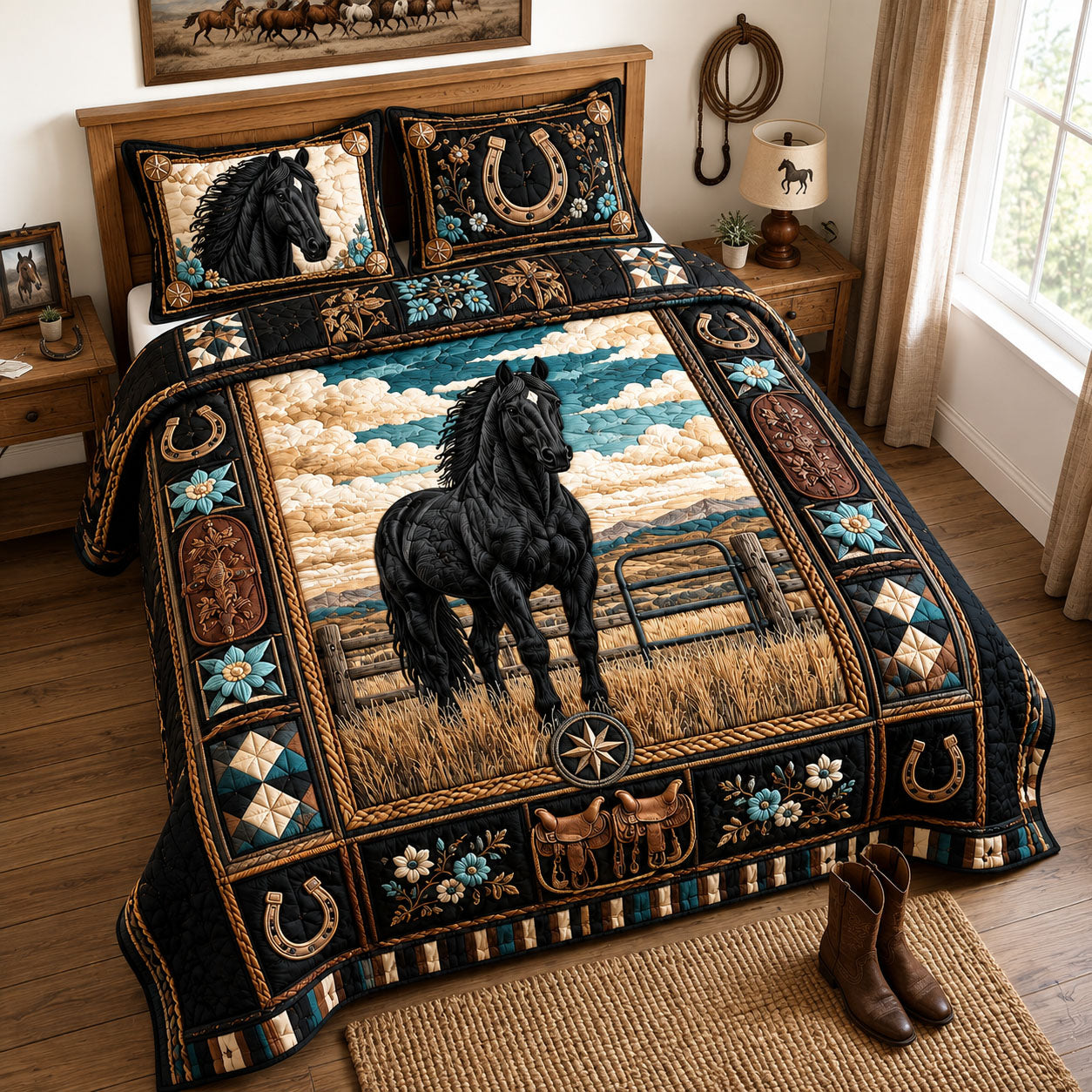 Midnight Ranch Stallion 3-Piece Quilted Bedding Set GFTOHNL1718