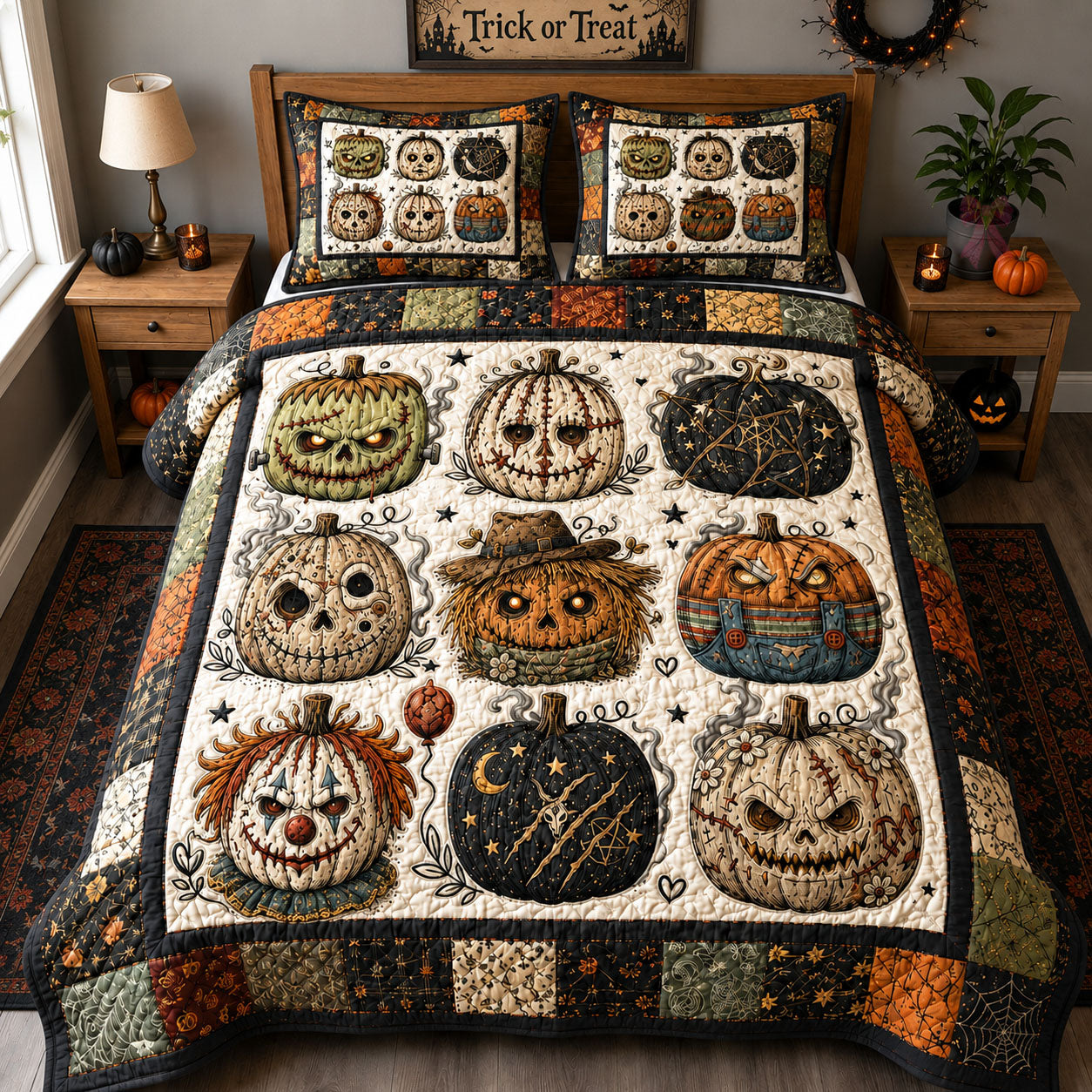 Haunted Pumpkin Faces 3-Piece Quilted Bedding Set GFTOHNL1722