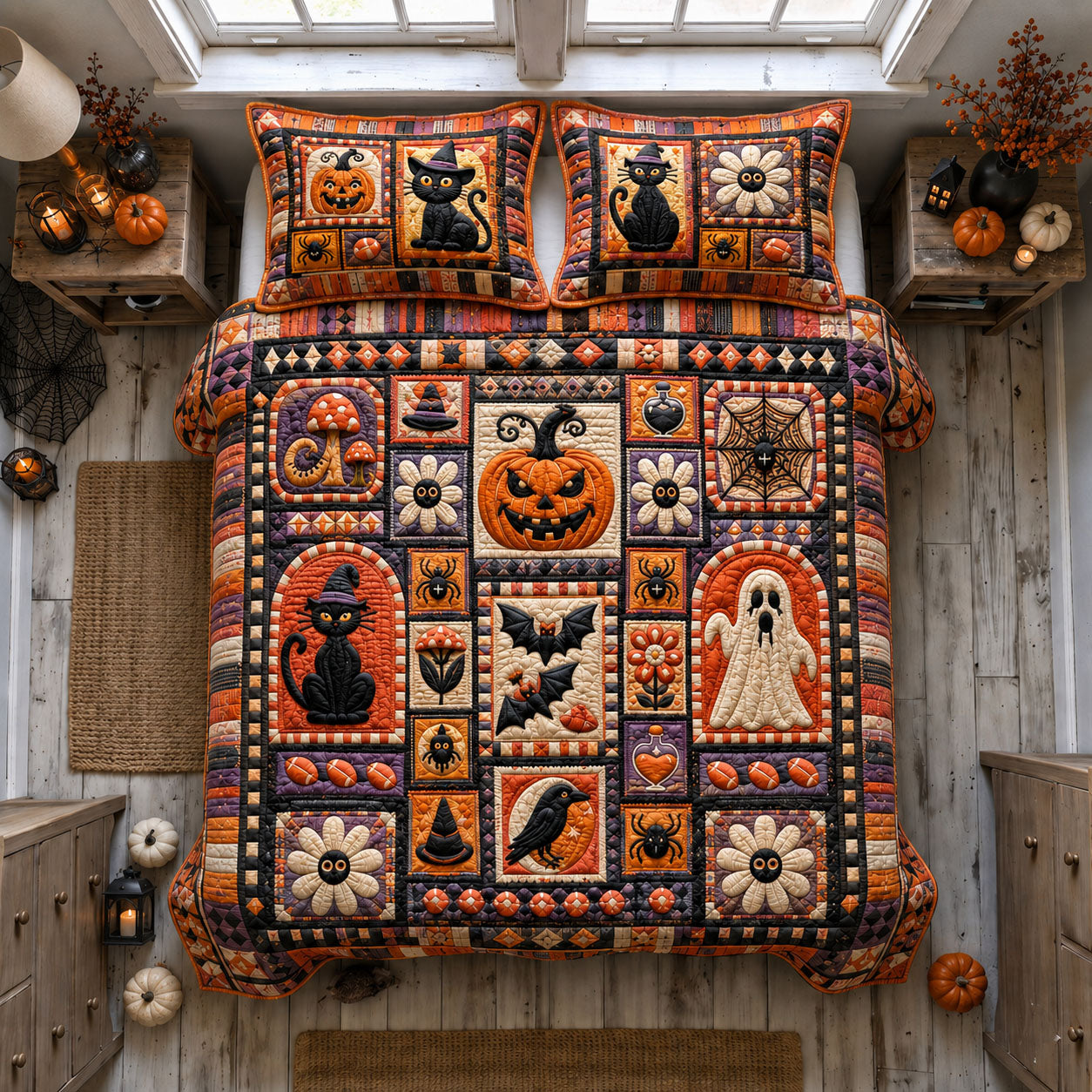Vintage Halloween Sampler 3-Piece Quilted Bedding Set GFTOHNL1723