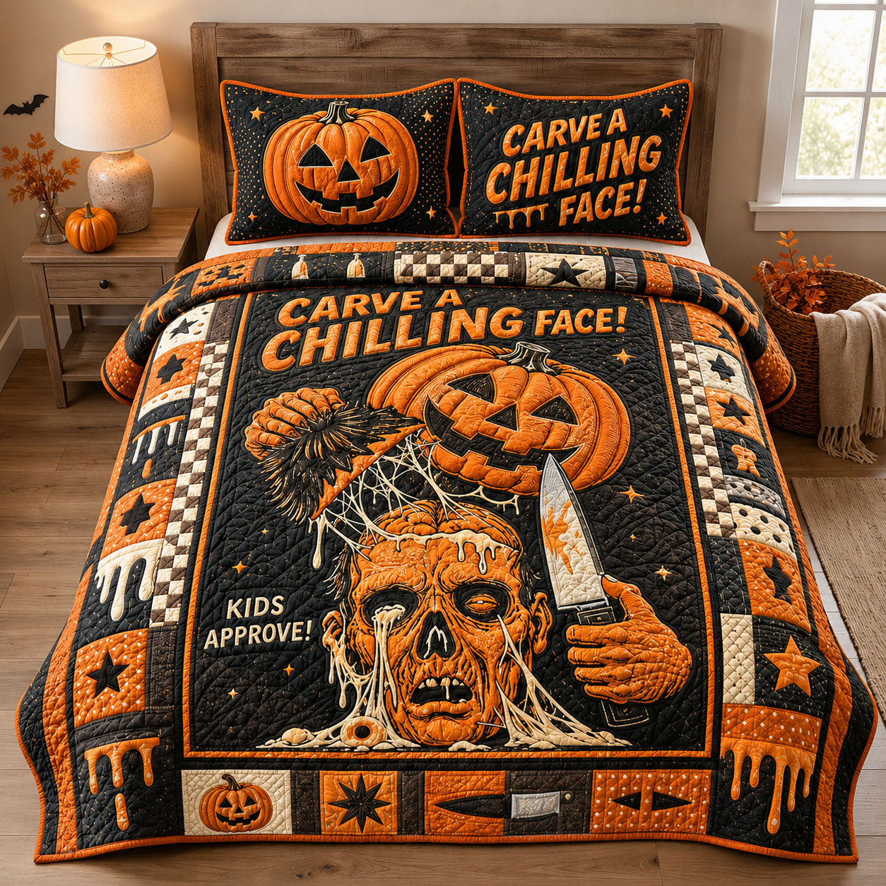Chilling Pumpkin Carver 3-Piece Quilted Bedding Set GFTOHNL1726