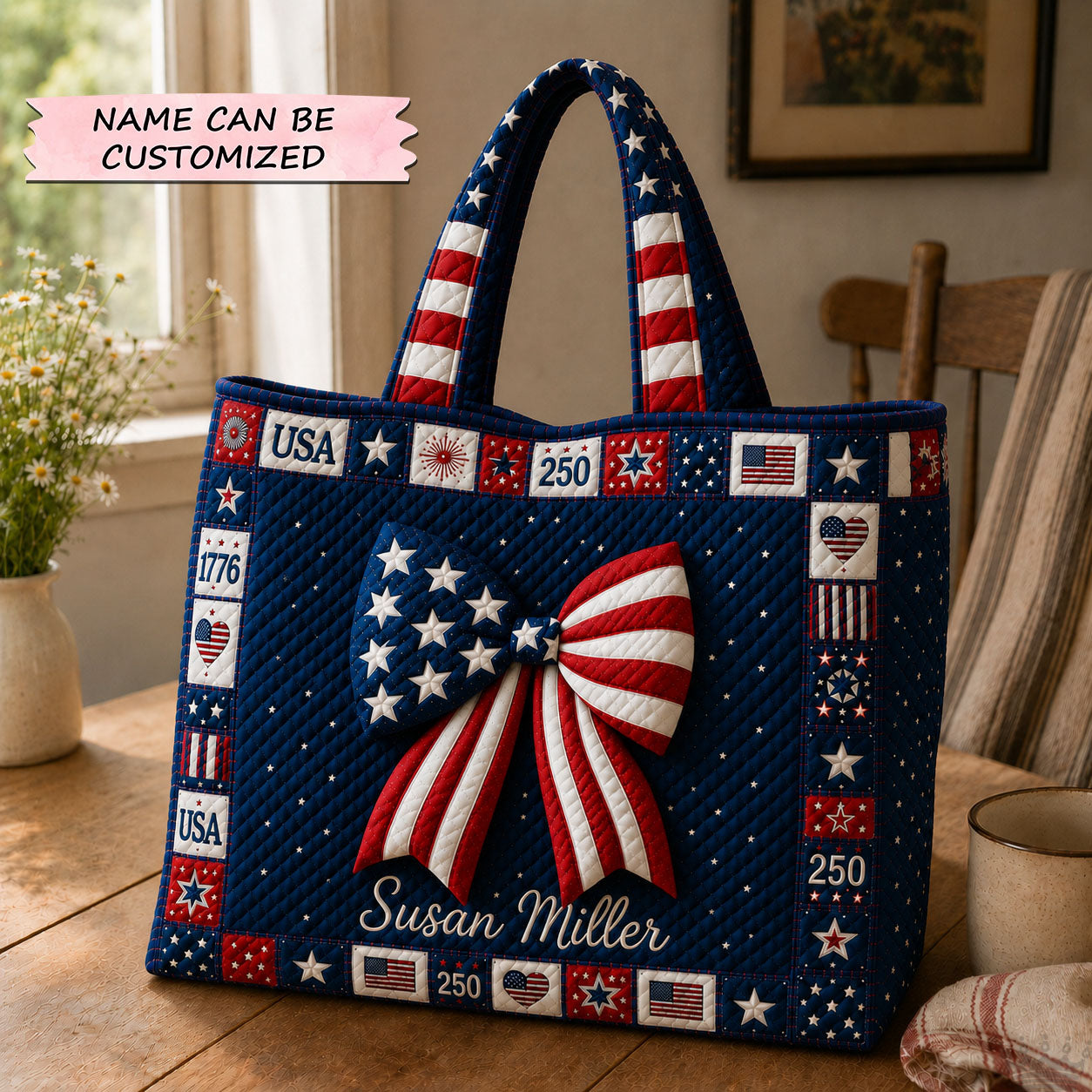 Patriotic Bow America 250 Quilted Tote Bag GFTOHNL228