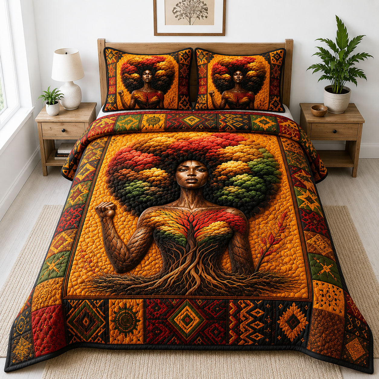 Rooted Afro Queen 3-Piece Quilted Bedding Set GFTOHNL241