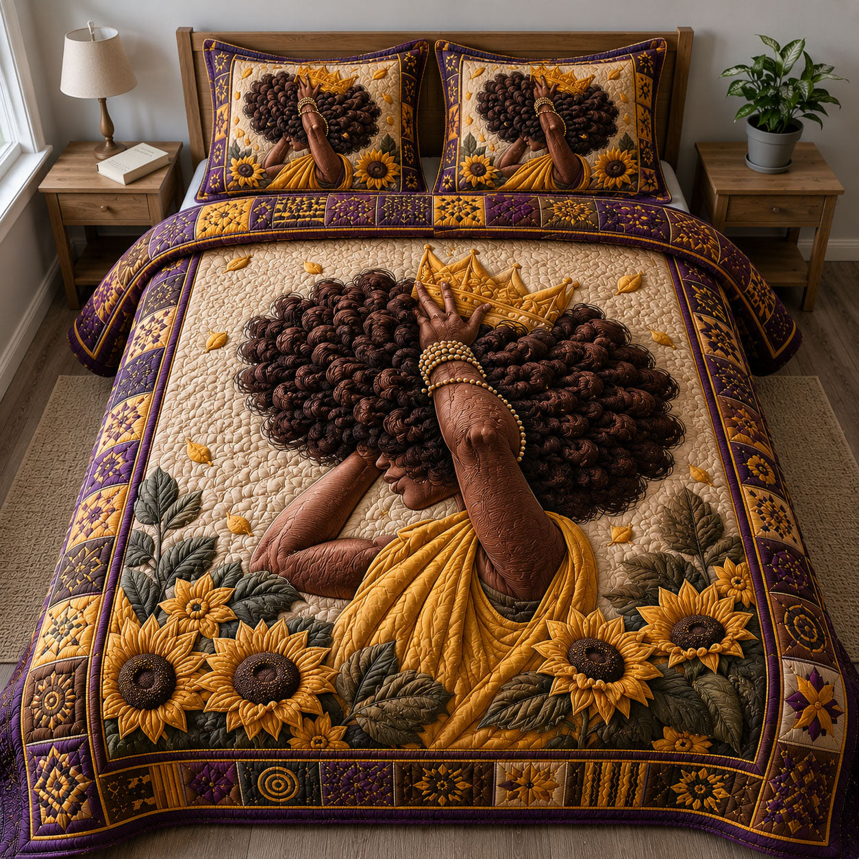 Sunflower Crown Queen 3-Piece Quilted Bedding Set GFTOHNL245