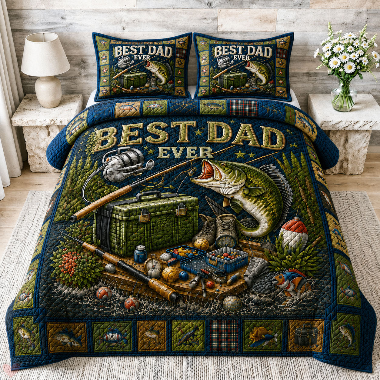 Best Dad Ever Fishing 3-Piece Quilted Bedding Set GFTOHNL259