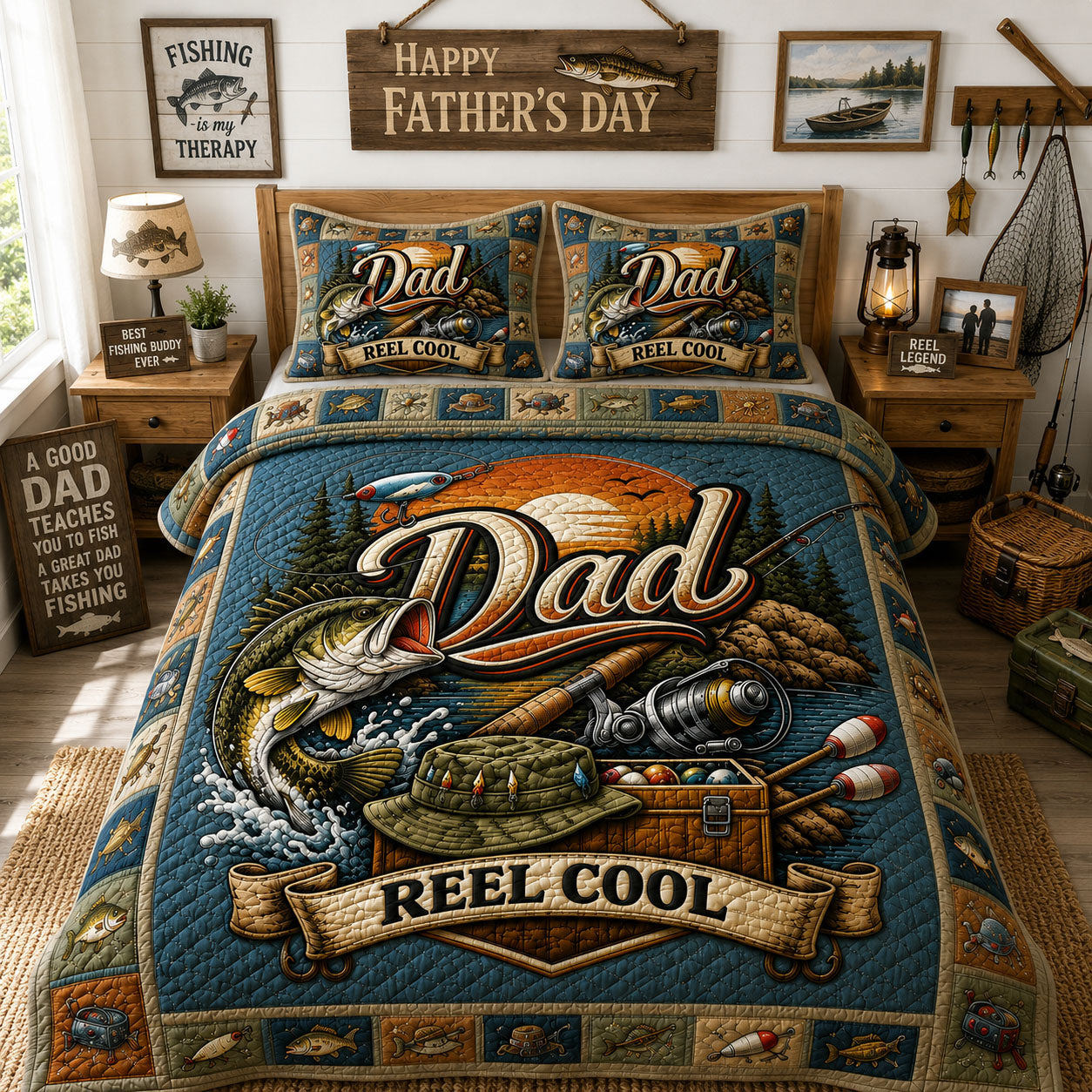 Reel Cool Dad Bass Fishing 3-Piece Quilted Bedding Set GFTOHNL260