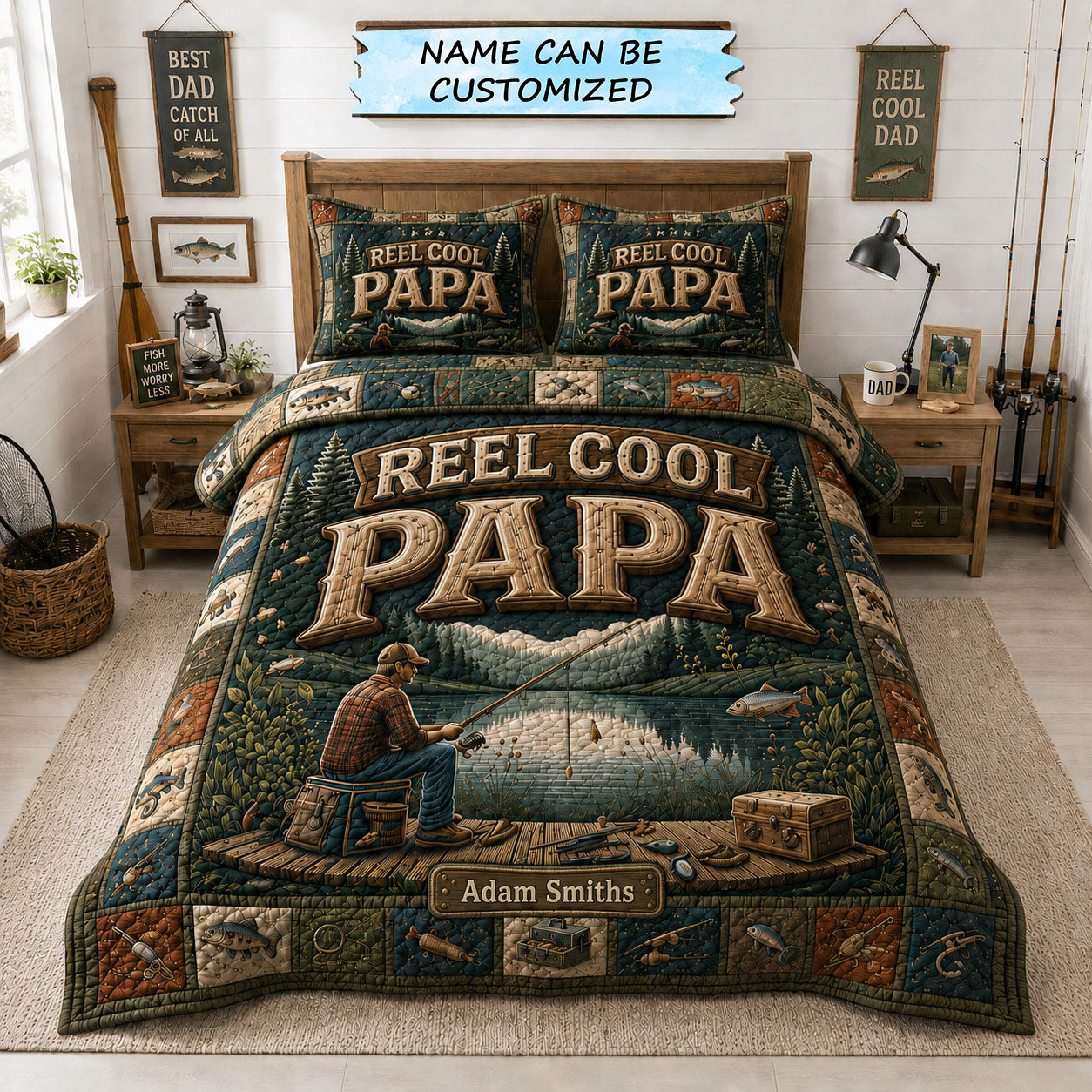 Reel Cool Papa Fishing 3-Piece Quilted Bedding Set GFTOHNL261