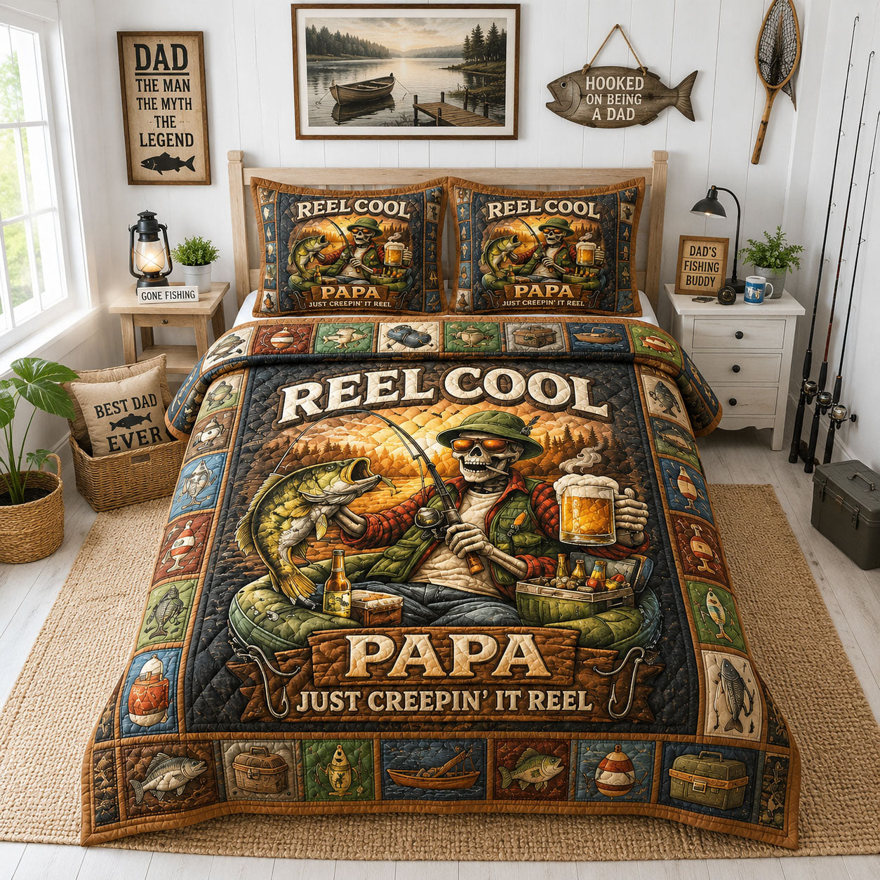 Fishing Skeleton Papa 3-Piece Quilted Bedding Set GFTOHNL262