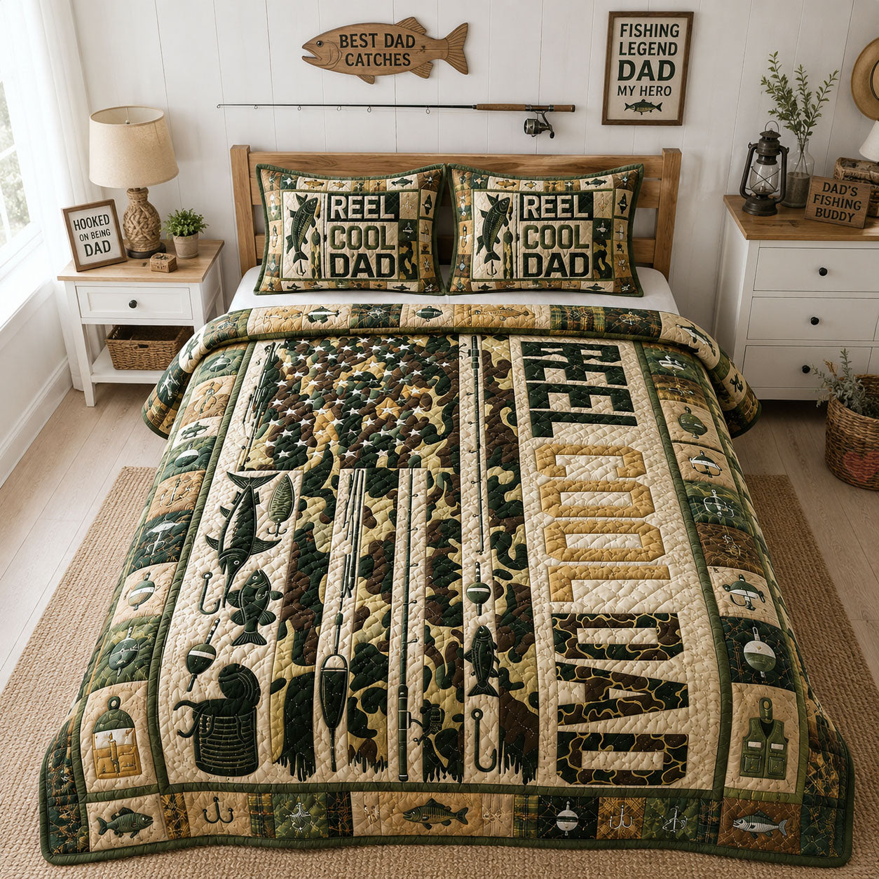 Camouflage Angler Dad 3-Piece Quilted Bedding Set GFTOHNL264
