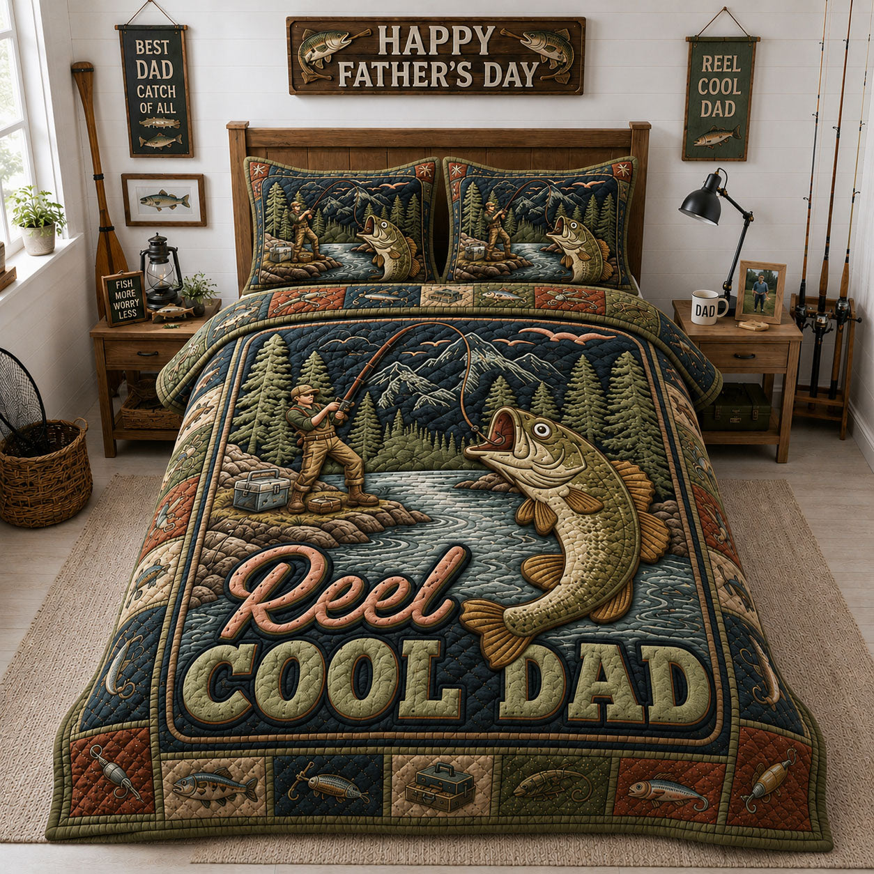 Mountain Lake Angler Dad 3-Piece Quilted Bedding Set GFTOHNL265