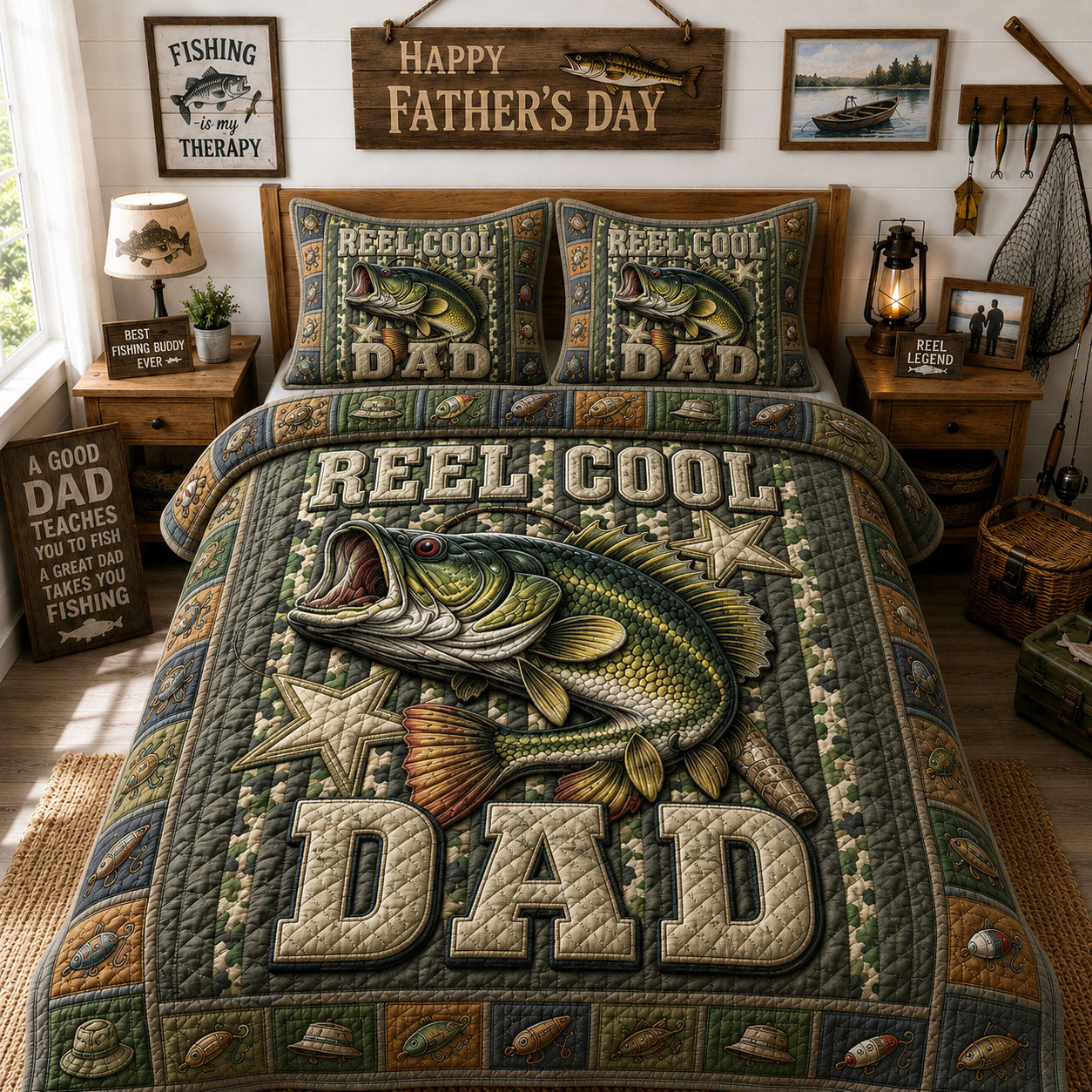 Largemouth Bass Dad 3-Piece Quilted Bedding Set GFTOHNL266