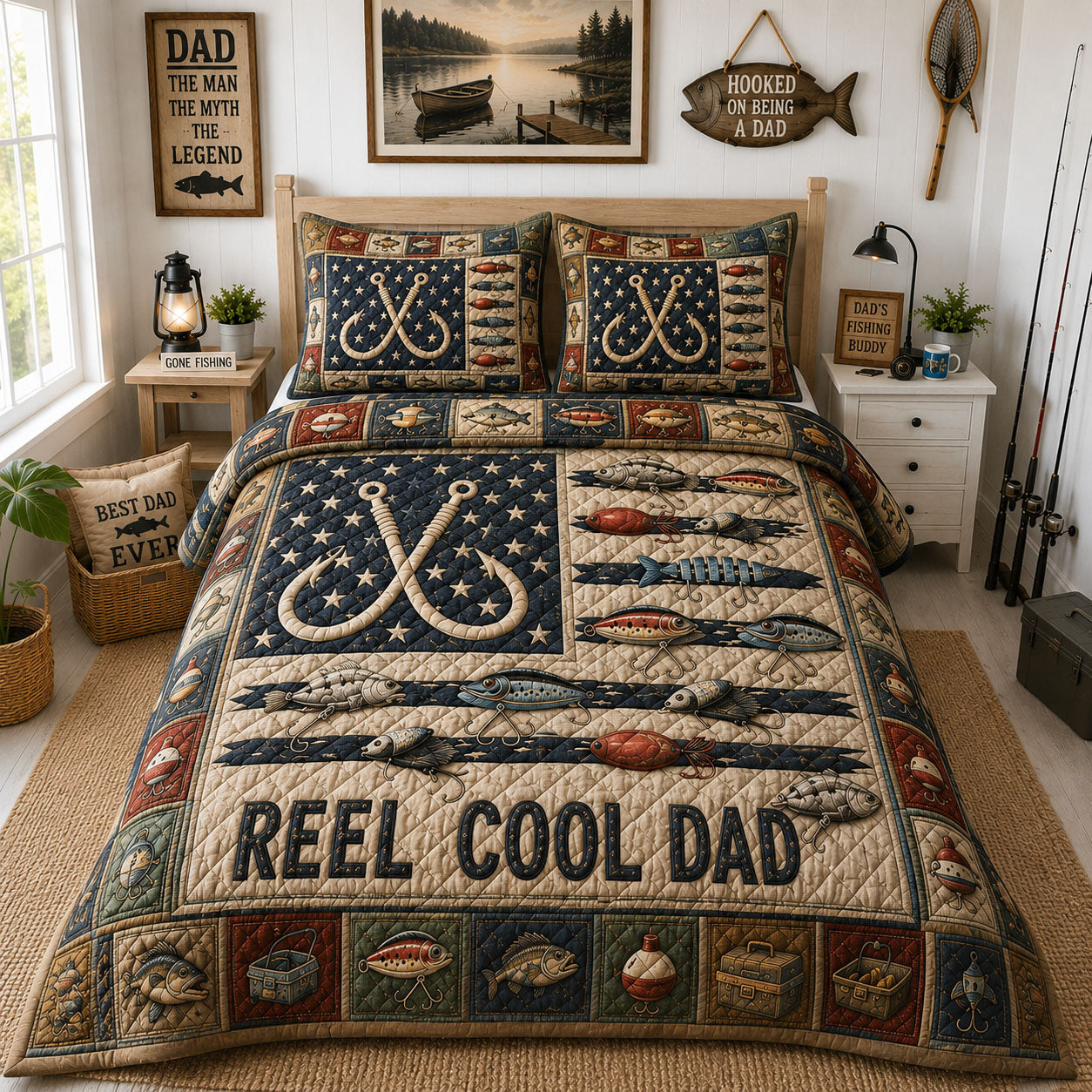 Vintage Fishing Tackle Dad 3-Piece Quilted Bedding Set GFTOHNL267