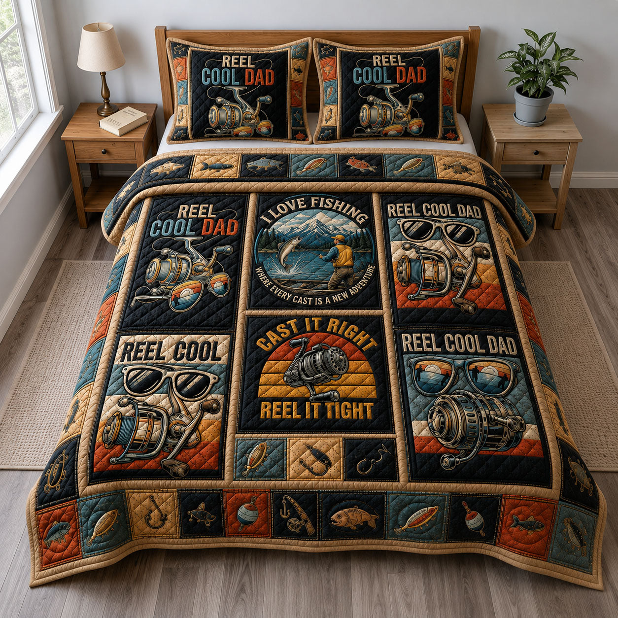 Reel Cool Dad Patchwork Fishing 3-Piece Quilted Bedding Set GFTOHNL268