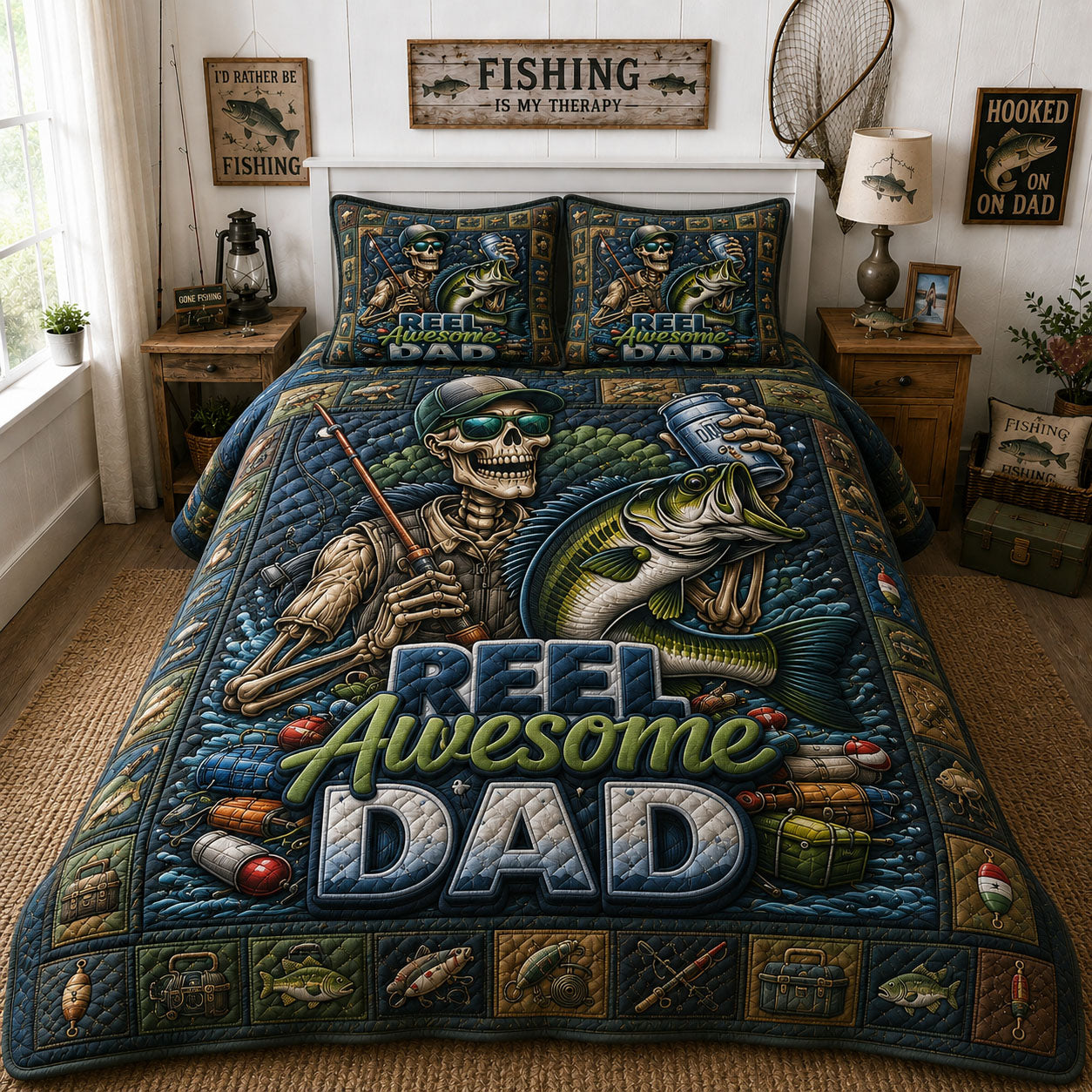 Fishing Skeleton Dad 3-Piece Quilted Bedding Set GFTOHNL269