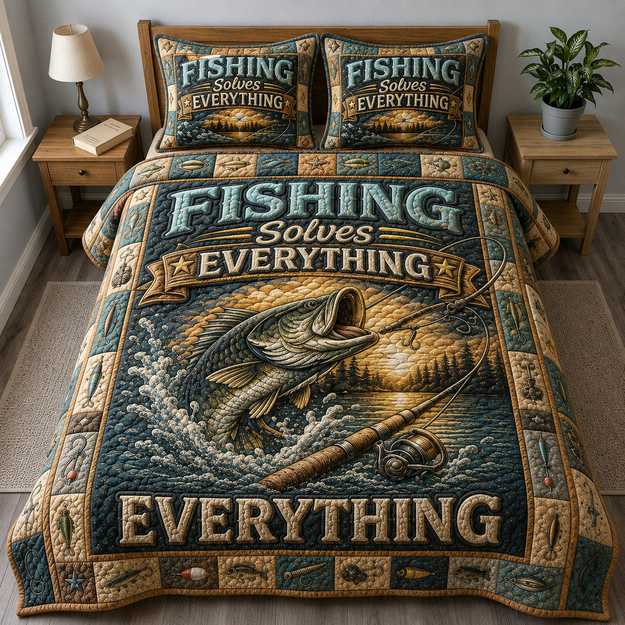 Fishing Solves Everything 3-Piece Quilted Bedding Set GFTOHNL270