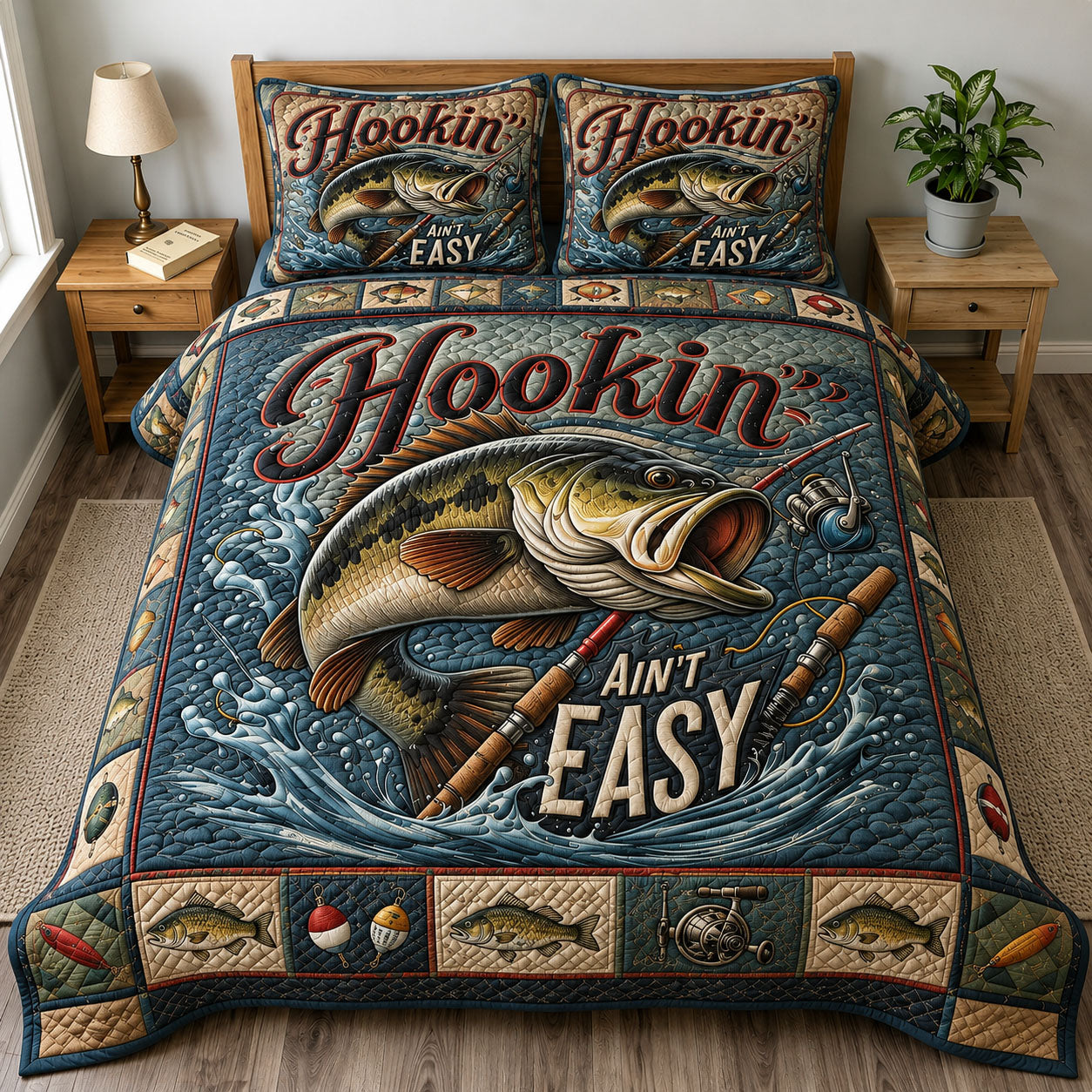 Hookin Aint Easy Fishing 3-Piece Quilted Bedding Set GFTOHNL271