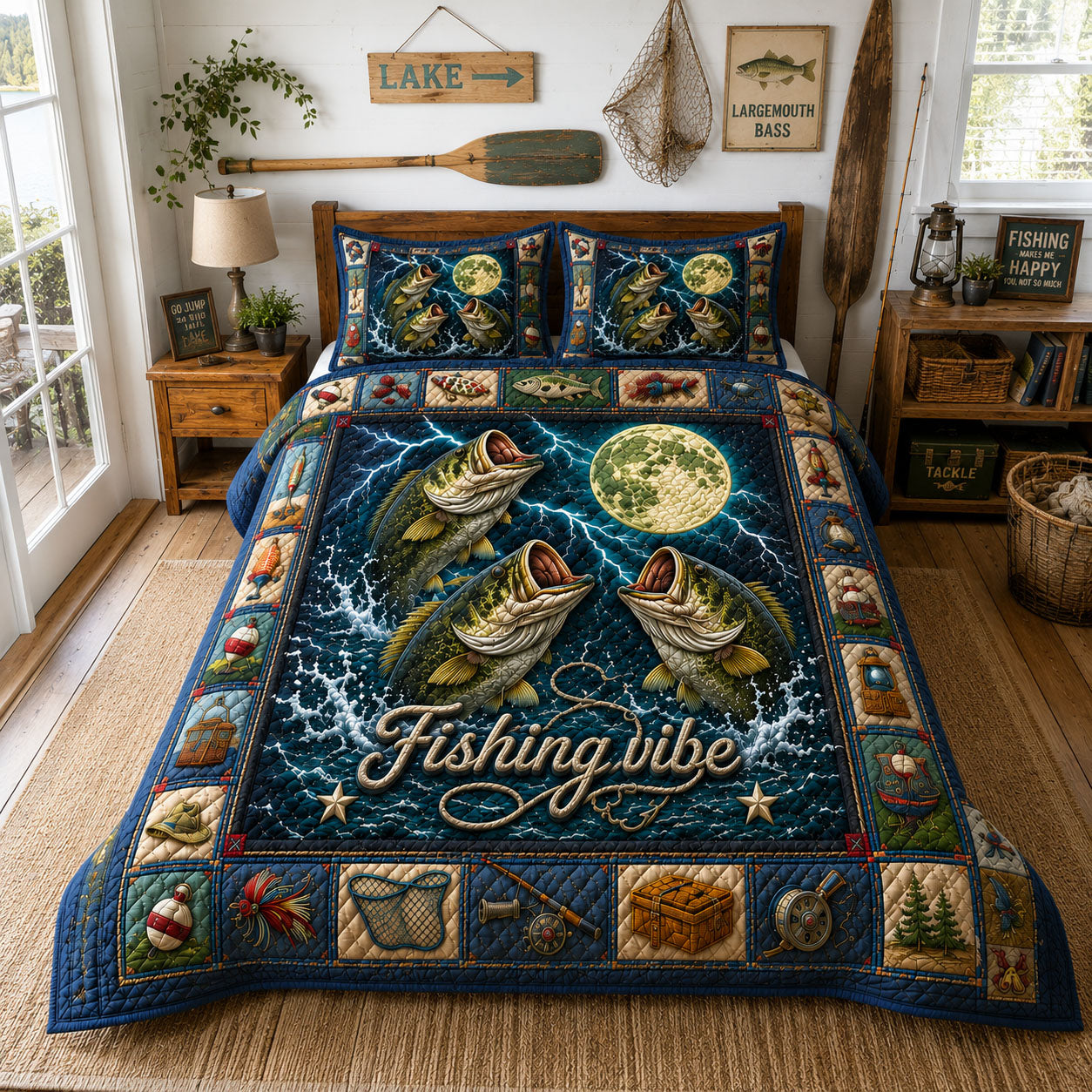 Bass Under the Moon Fishing 3-Piece Quilted Bedding Set GFTOHNL272