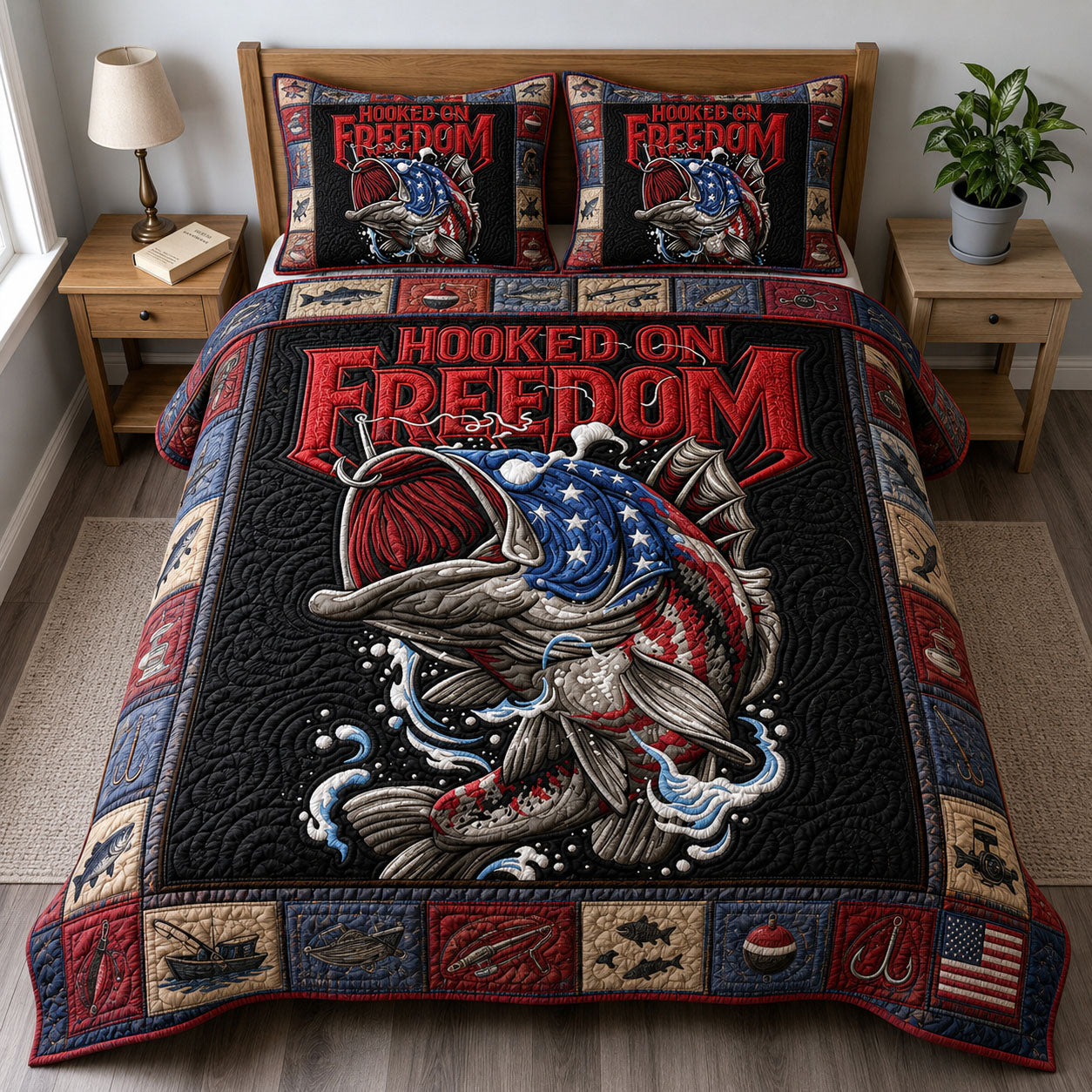 Patriotic Bass Fishing 3-Piece Quilted Bedding Set GFTOHNL273