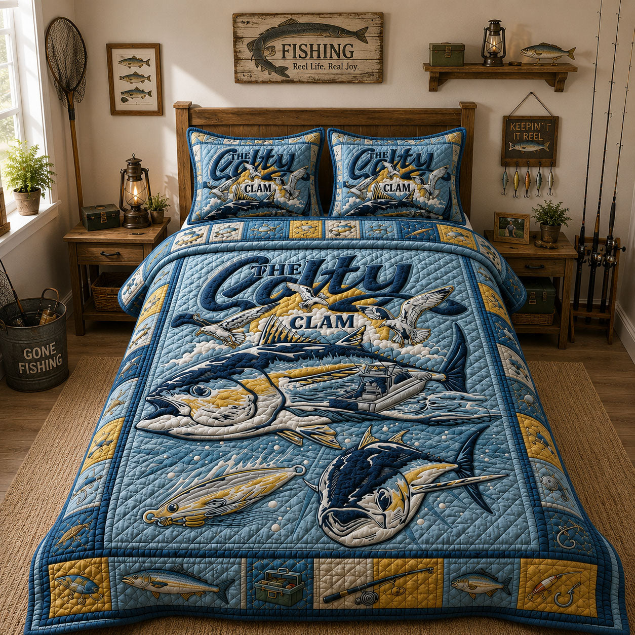 The City Clam Offshore Fishing 3-Piece Quilted Bedding Set GFTOHNL274