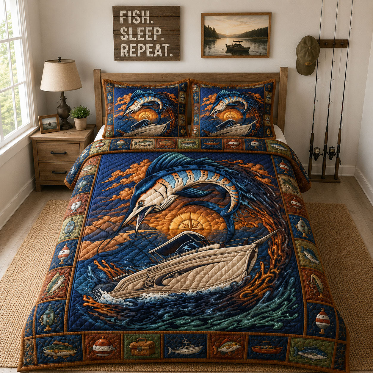 Marlin Fishing Adventure 3-Piece Quilted Bedding Set GFTOHNL275