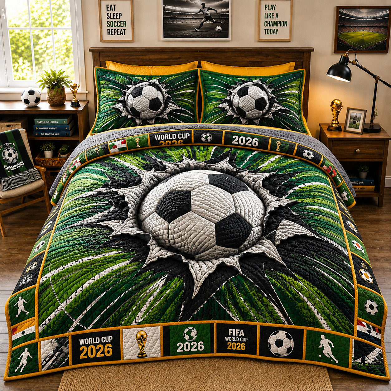 Green Burst Soccer Power 3-Piece Quilted Bedding Set GFTOHNL342