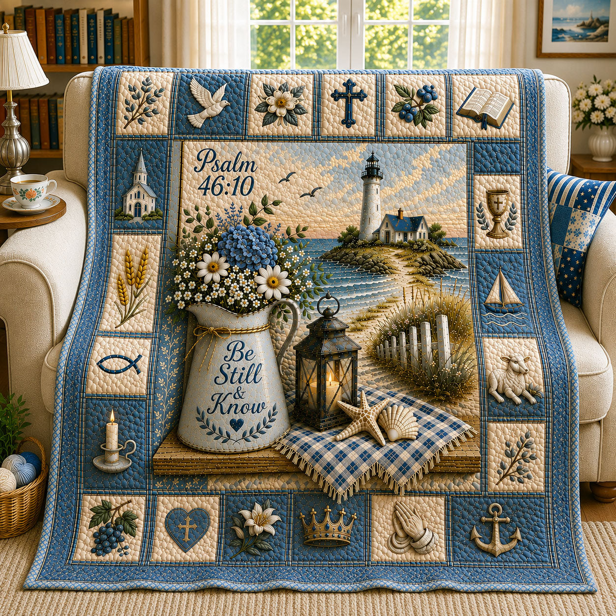 Lighthouse Garden Cottage Christian Quilted Blanket GFTOHNL406